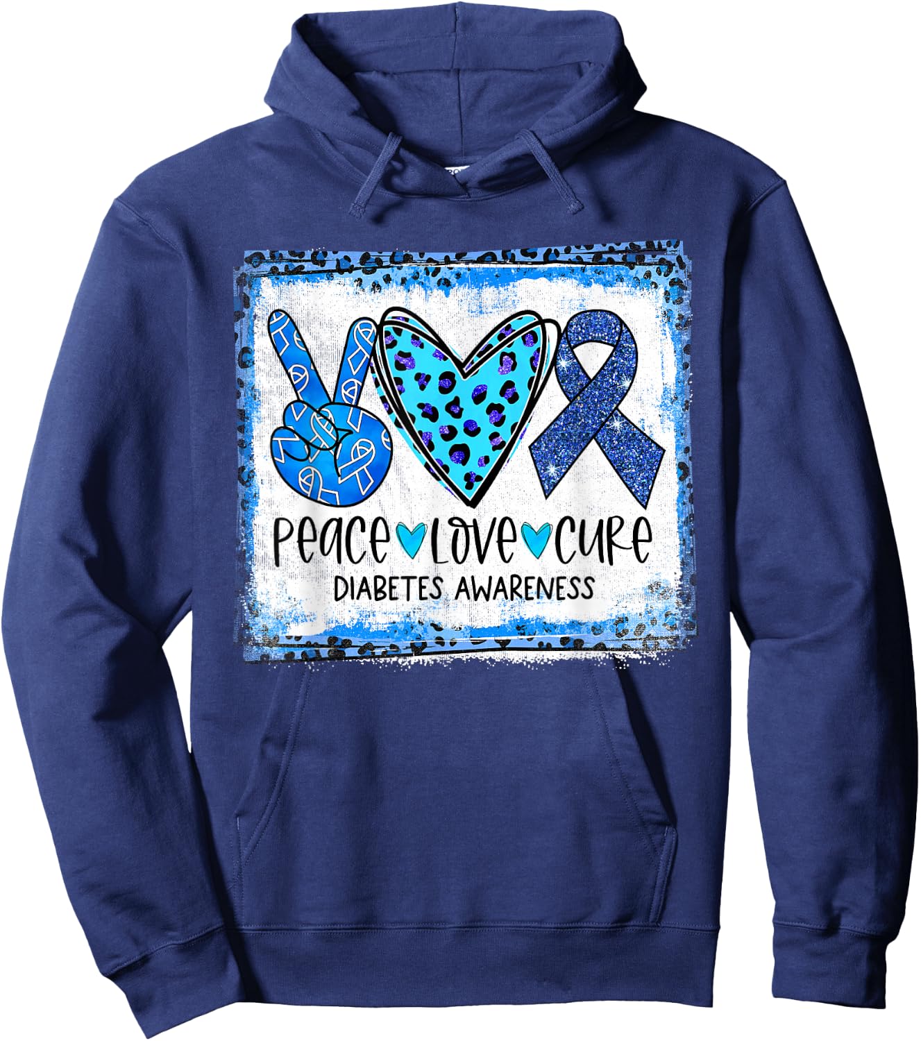 Peace Love Cure Blue Ribbon T1D Type 1 Diabetes Awareness Hoodie - Hoodie | Navy