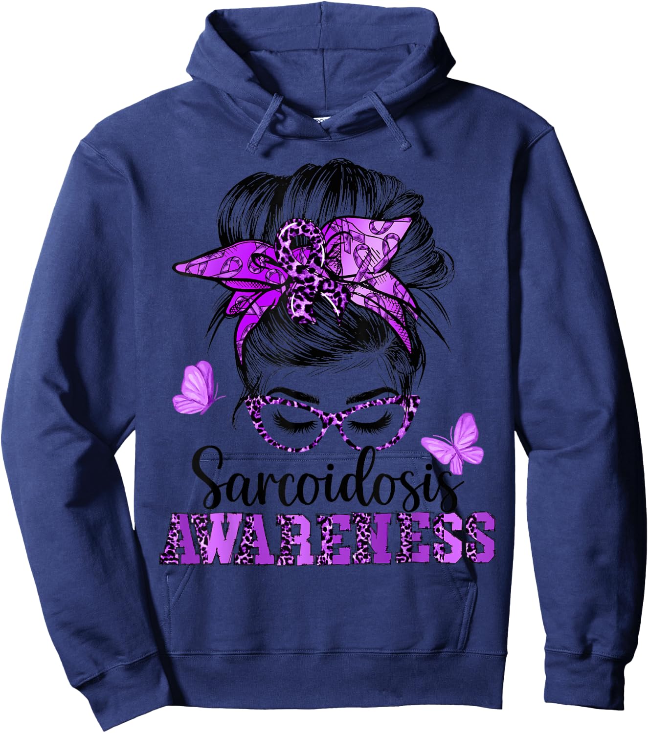Messy Hair Bun Purple Ribbon Butterfly Sarcoidosis Awareness Hoodie - Hoodie | Navy
