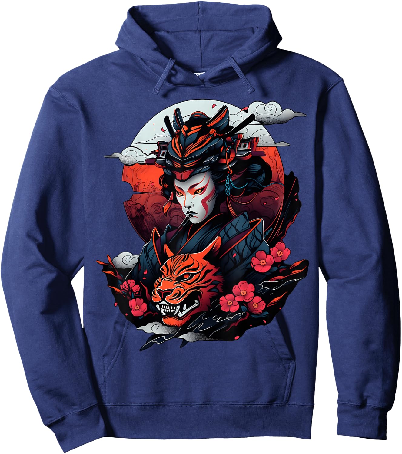 Samurai and Tiger Bold Graphic with Traditional Japanese Art Hoodie - Hoodie | Navy