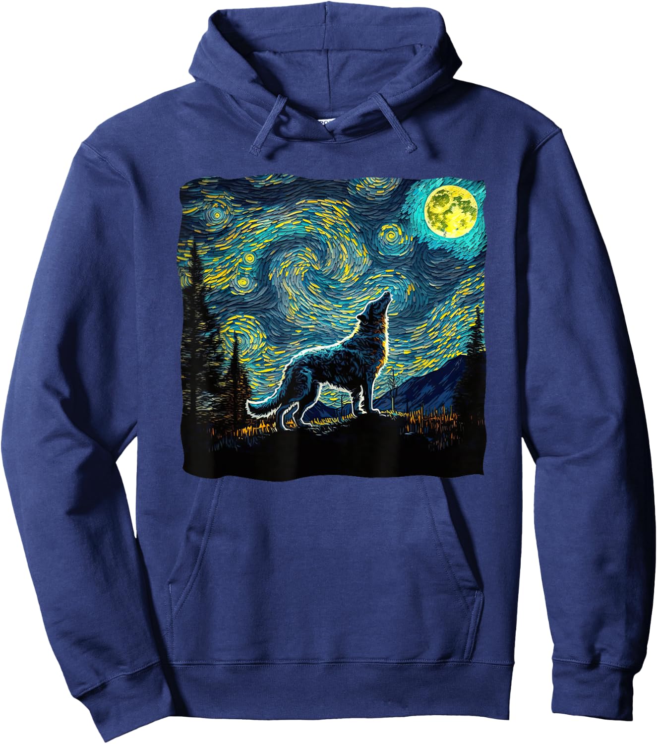 Wolf Starry Night Wilderness Howling Moon Van Gogh Painting Hoodie - Hoodie | Navy