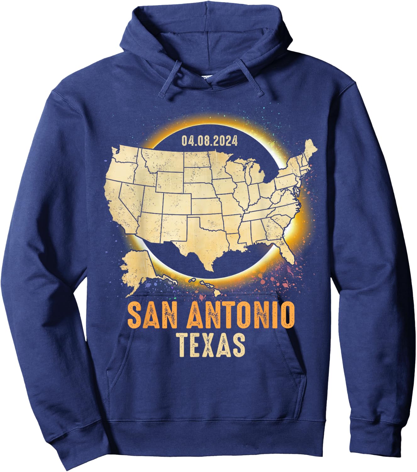 Total Solar Eclipse 2024 San Antonio Texas USA Map Colorful Hoodie - Hoodie | Navy