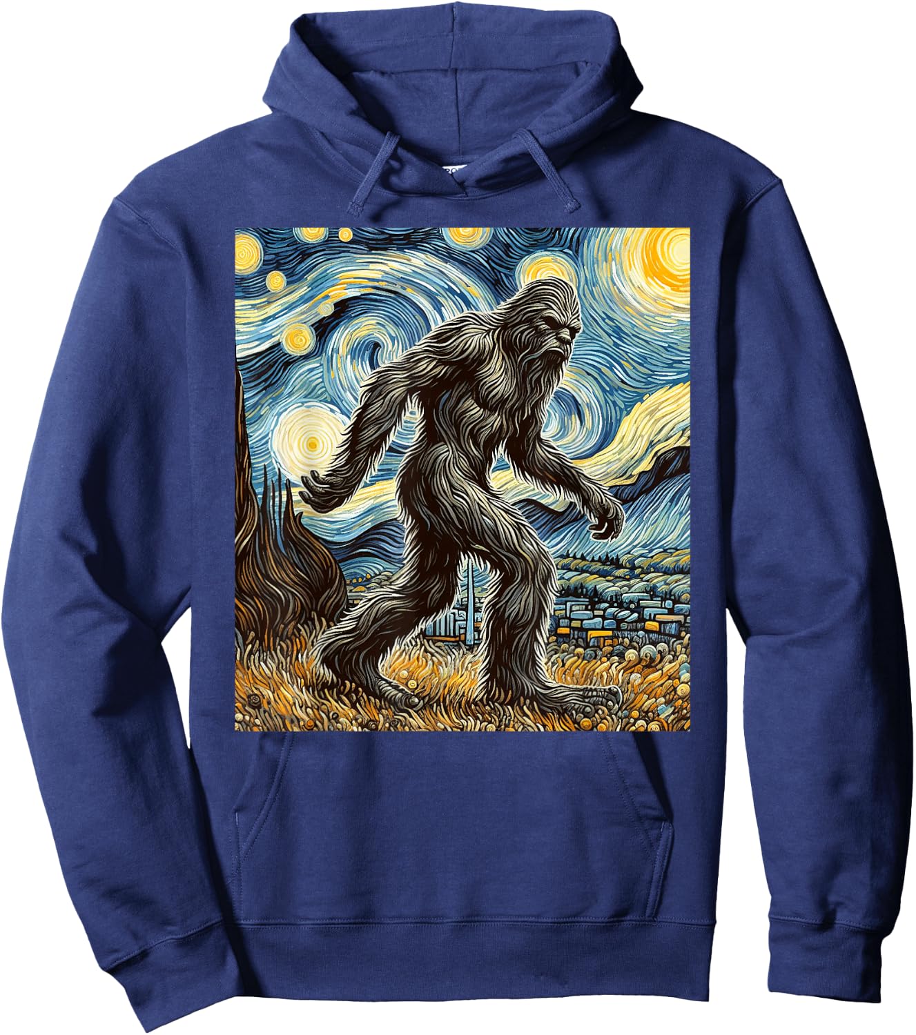 Funny Bigfoot Starry Night Sasquatch Van Gogh Sky Painting Hoodie - Hoodie | Navy