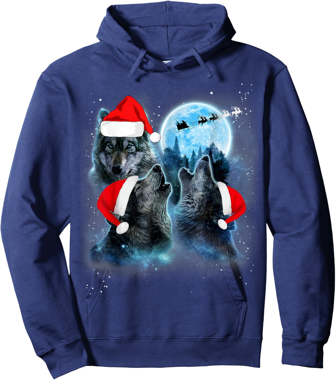 Three Wolves Howling Under Moon Christmas Santa Wolf Lover Hoodie - Hoodie | Navy