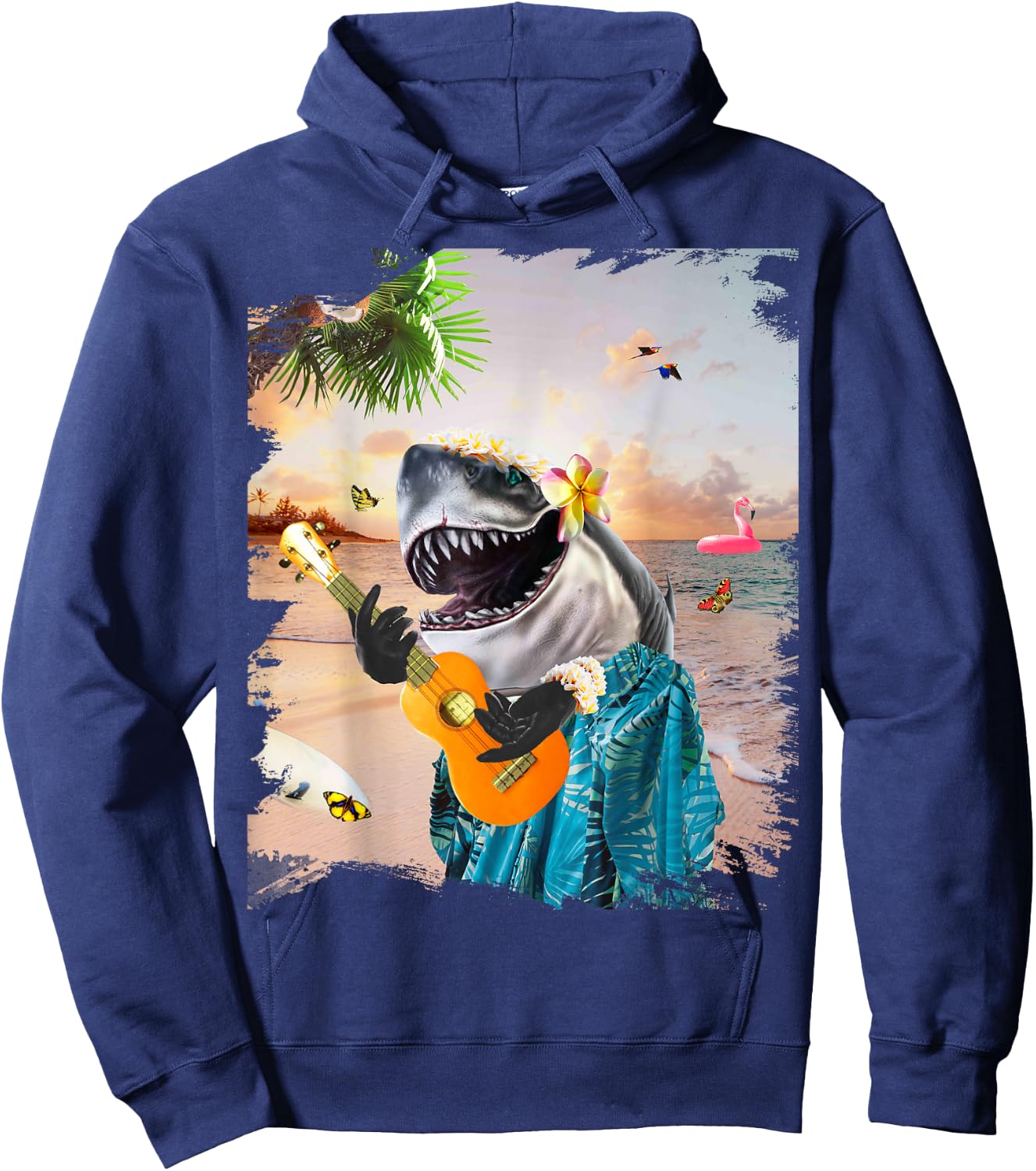 Aloha Hawaiian Shark Playing Ukulele Beach Funny Men Women Girls Kids Hoodie - Hoodie | Navy