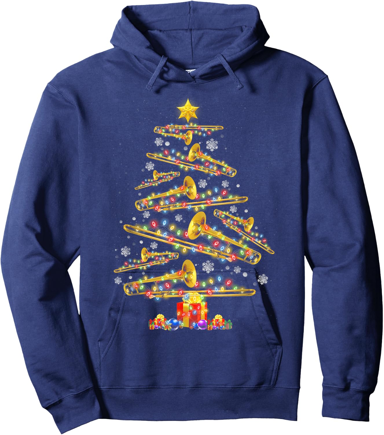 Christmas Trombone Player Xmas Tree Jazz Music Lover Santa Hoodie - Hoodie | Navy