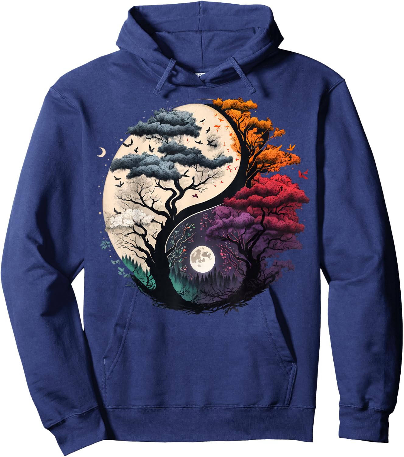 Harmony Feng Shui Taoist Yin Yang Balance symbol Adults Black Tree of Life Yin Yang Small (6/8) Short Sleeve Hoodie - Hoodie | Navy