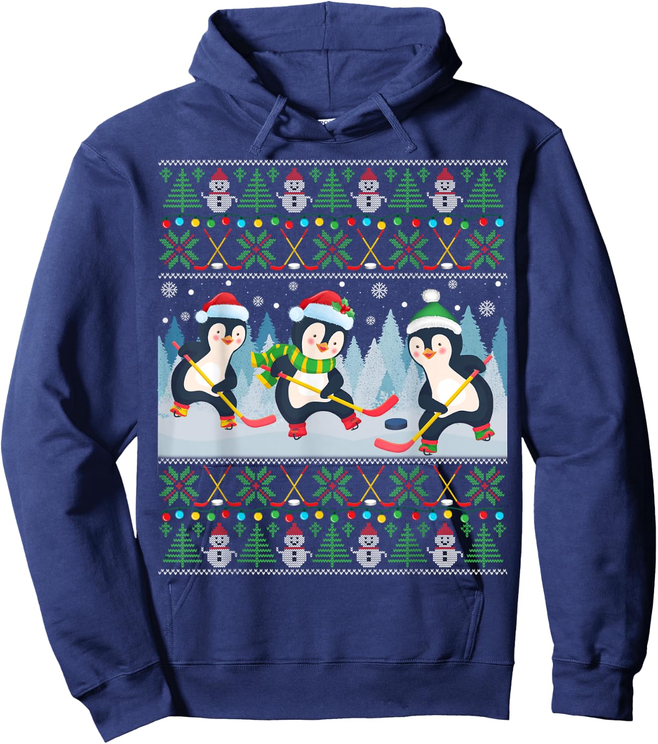 Penguin Playing Hockey Ugly Christmas Sweater Penguin Santa Hoodie - Hoodie | Navy