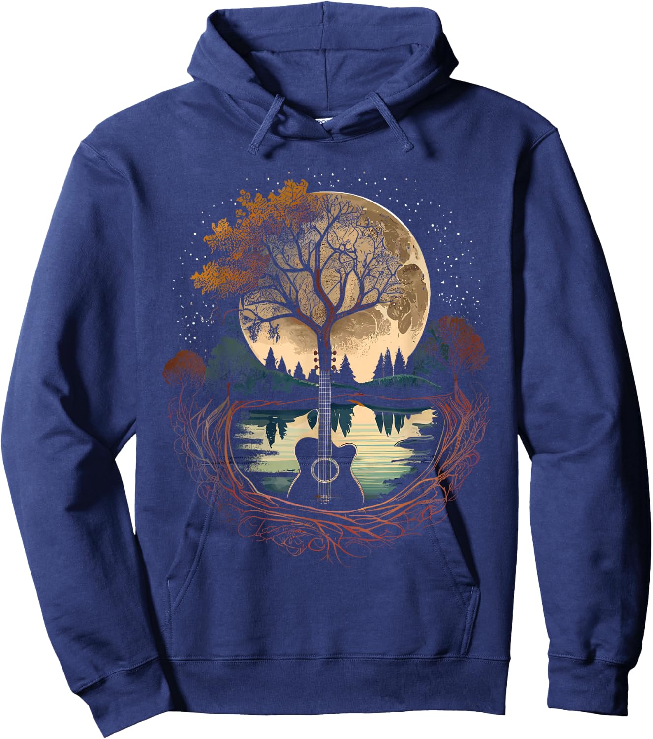 Acoustic Guitar Tree and Moon by The Lake Guitarist Hoodie - Hoodie | Navy