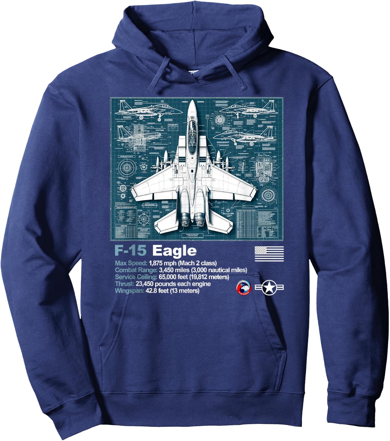 F15 Fighter Jet Blueprint Technical Drawings and Specs Hoodie - Hoodie | Navy