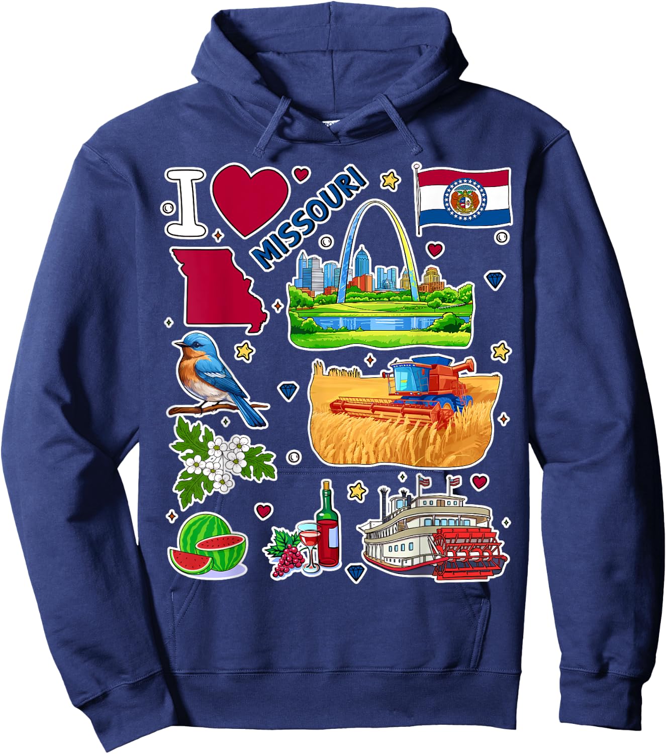 Missouri map, hand drawn Missouri State Symbols and icons Hoodie - Hoodie | Navy