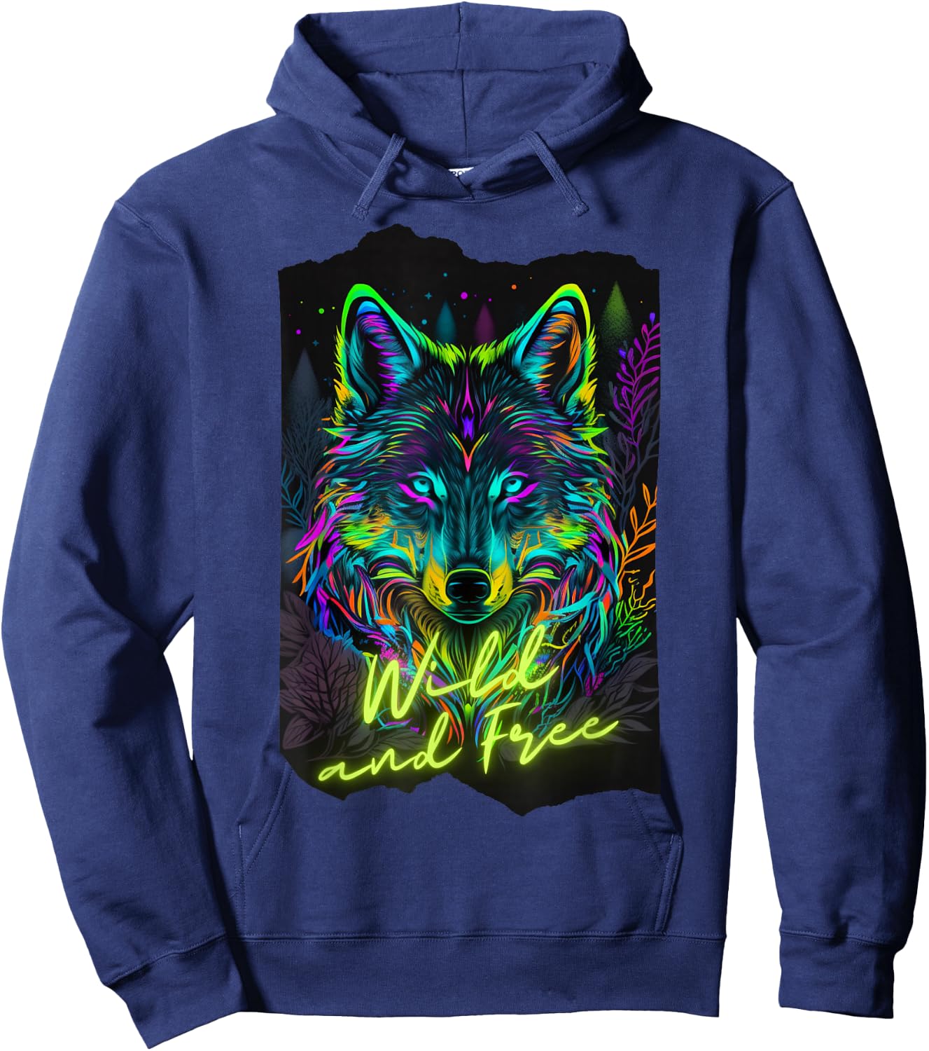 Retro 80s Vaporwave Synthwave Wolf Colorful Black Light Cool Hoodie - Hoodie | Navy