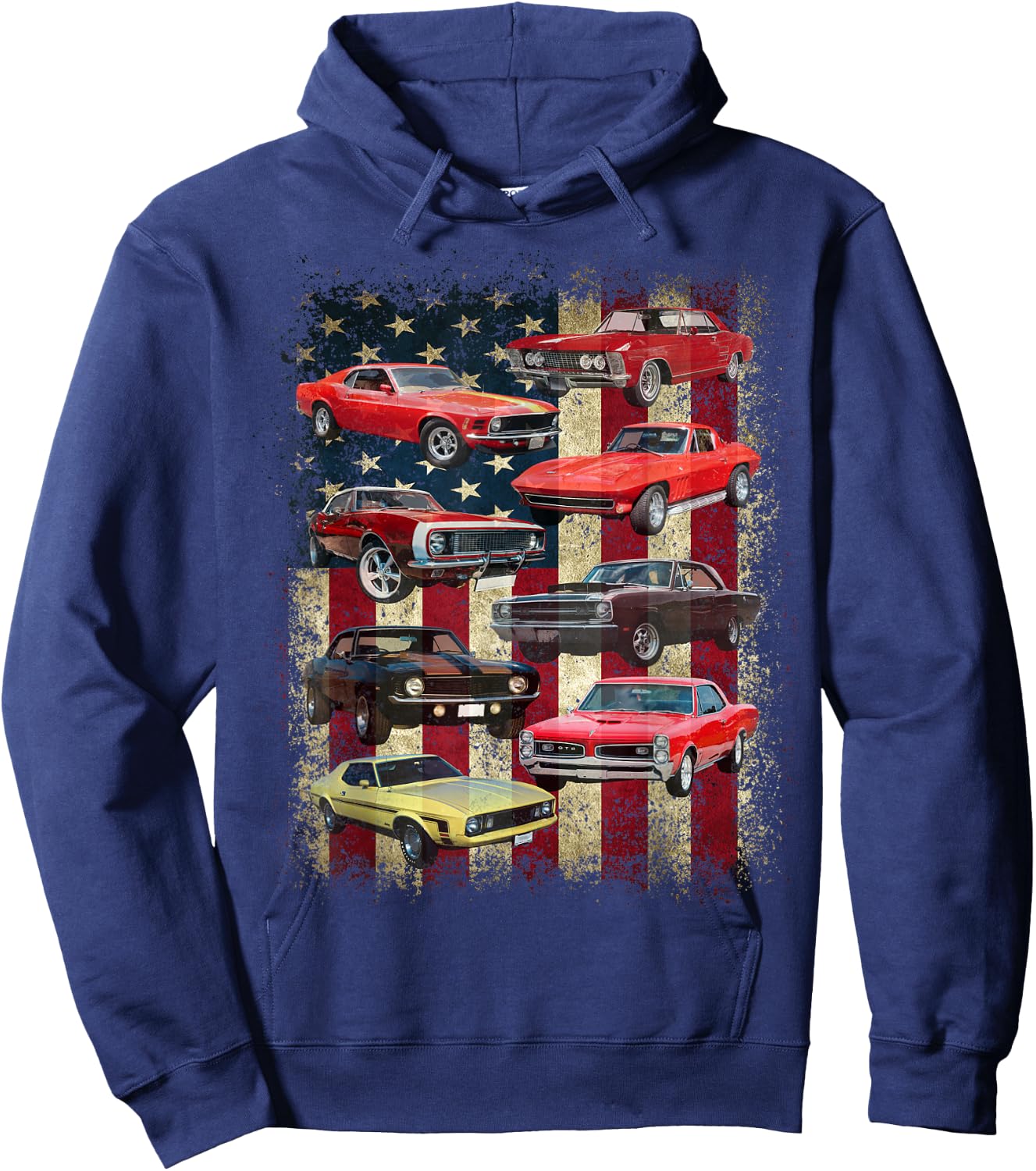 Vintage Classic Muscle Car Retro American Flag Patriotic Hoodie - Hoodie | Navy