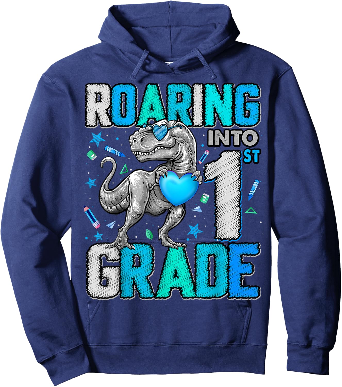 Roaring Into 1st Grade Dinosaur T Rex Back To School Boys Hoodie - Hoodie | Navy