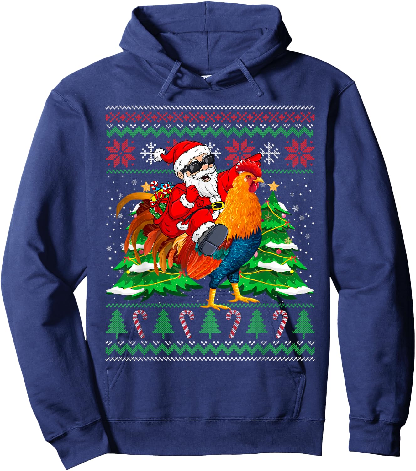 Santa With Rooster Christmas Tree Farmer Ugly Xmas Sweater Hoodie - Hoodie | Navy