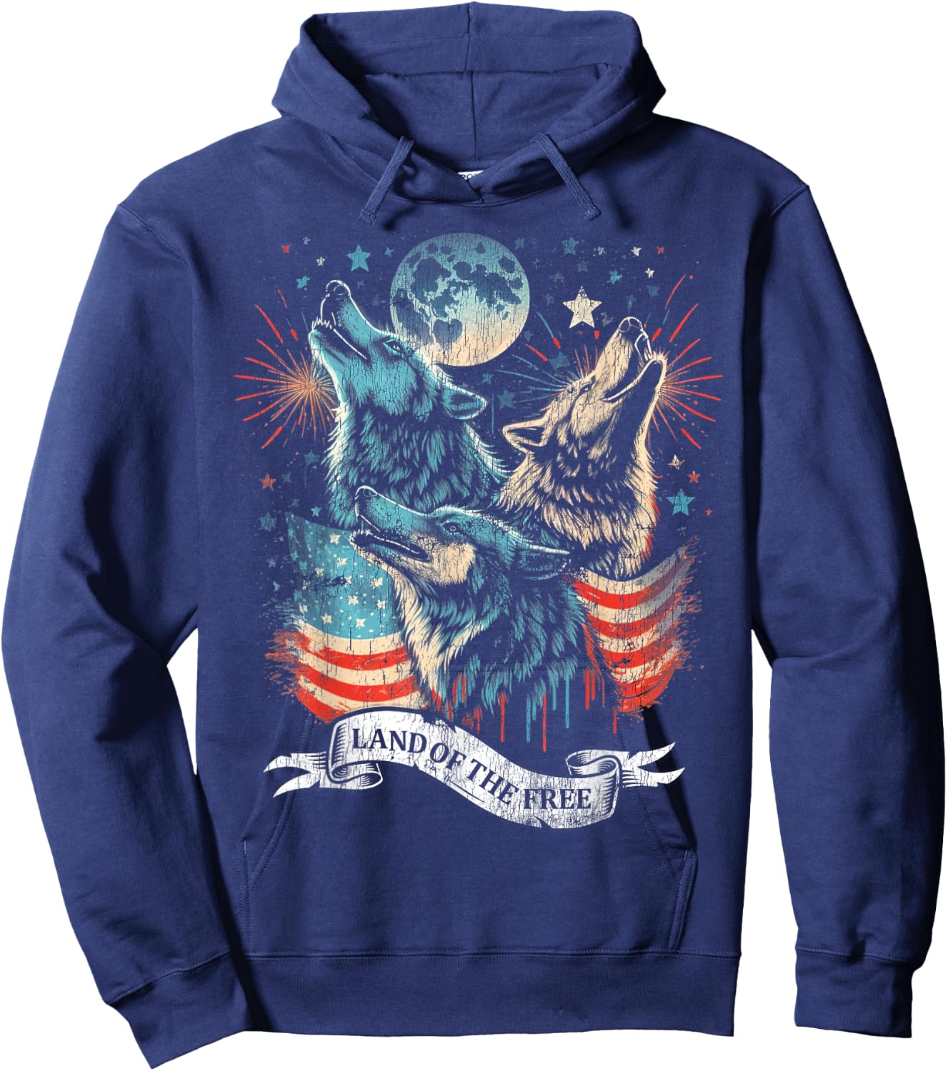 Wolf 4th of July American Flag Howling America Moon Funny Kids Men Hoodie - Hoodie | Navy
