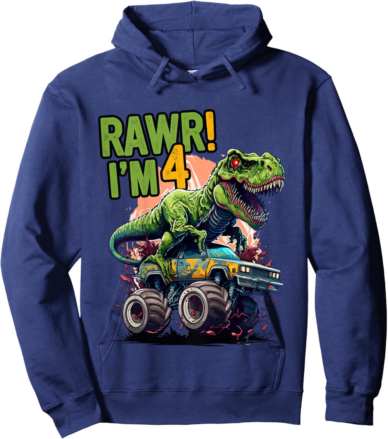 Kids Rawr I'm 4 T Rex 4th birthday Boys Dinosaur Monster Truck Hoodie - Hoodie | Navy