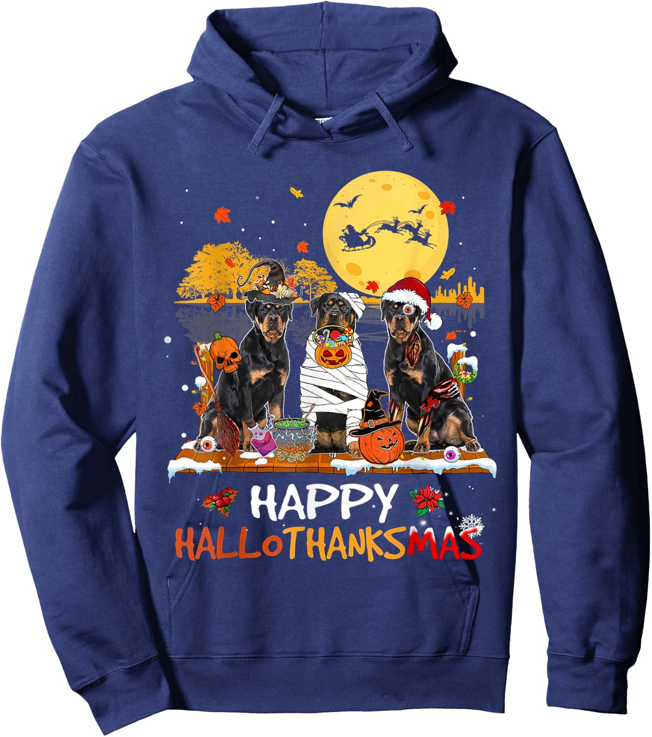 Rottweiler Happy Hallothanksmas Halloween Thanksgiving Xmas Hoodie - Hoodie | Navy