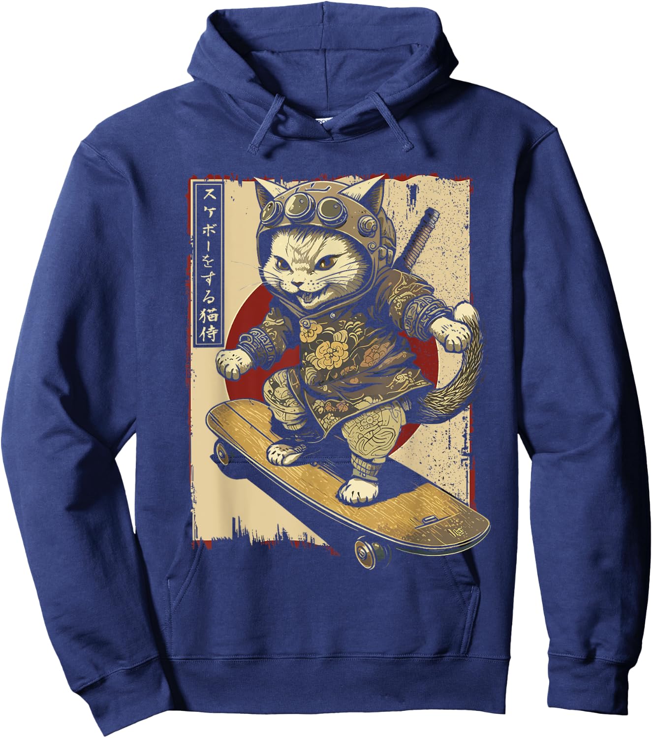 Japanese Skateboard Samurai Cat Tattoo Kawaii Ninja Cat Women Hoodie - Hoodie | Navy