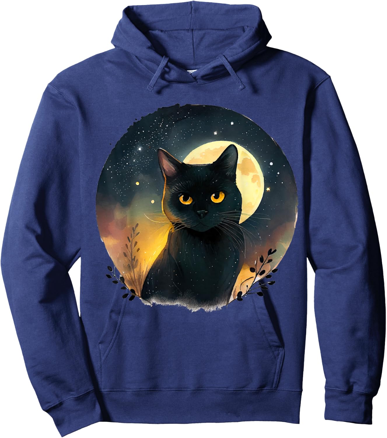 Cool Art Graphic Black Cat with Moon Hoodie - Hoodie | Navy