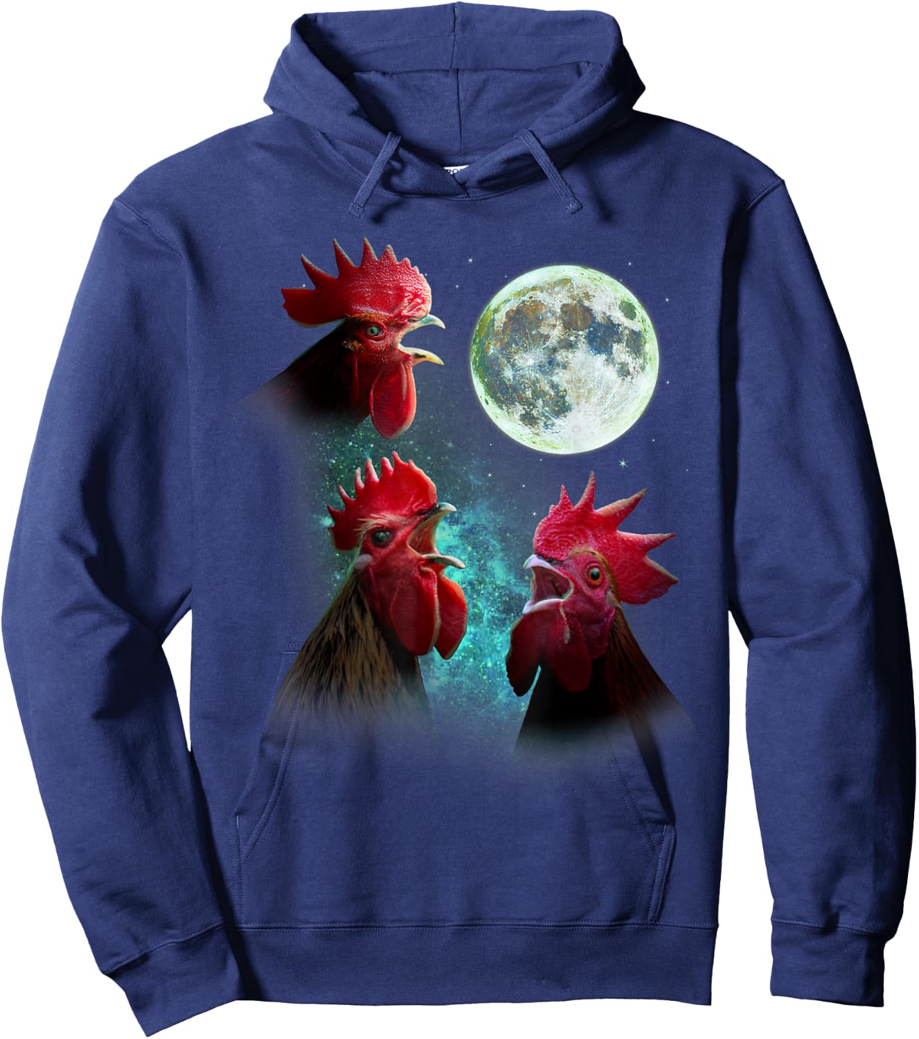 Three Rooster Chickens Howl At Moon 3 Wolfs Wolves Parody Hoodie - Hoodie | Navy