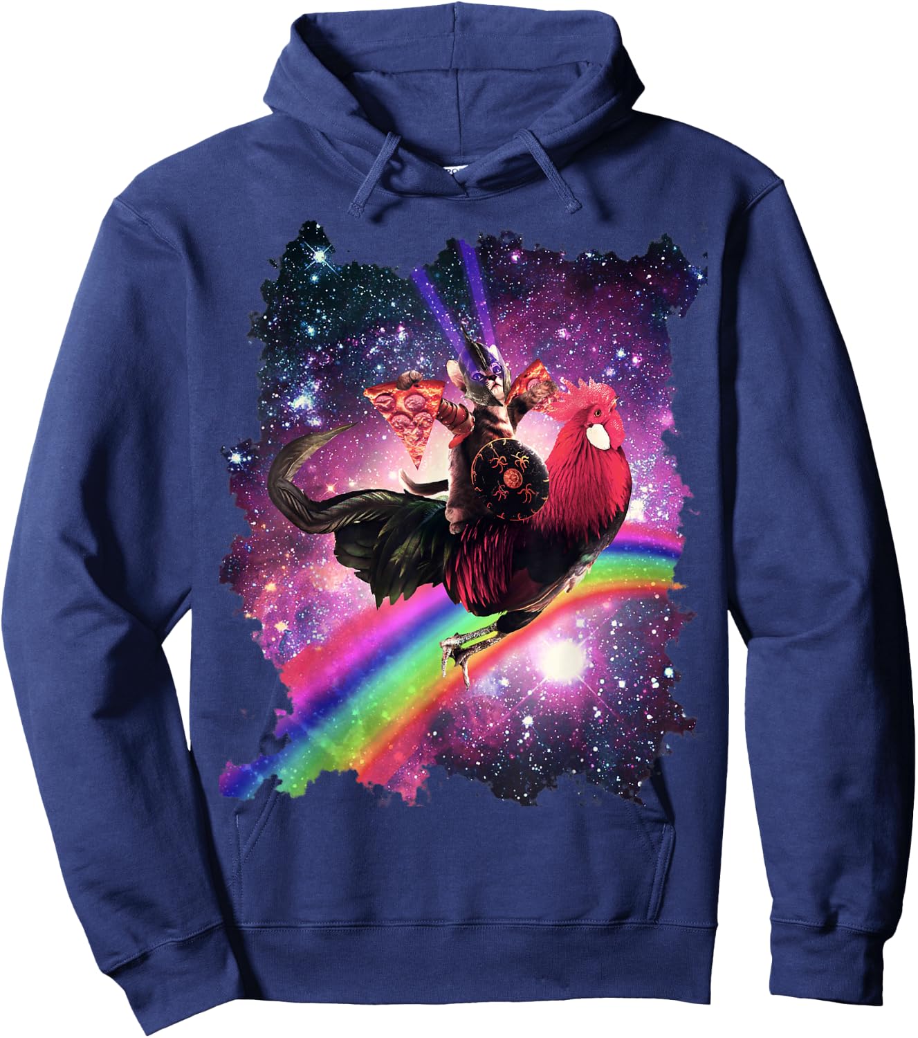 Lazer Warrior Space Cat Riding Chicken with Pizza Hoodie - Hoodie | Navy