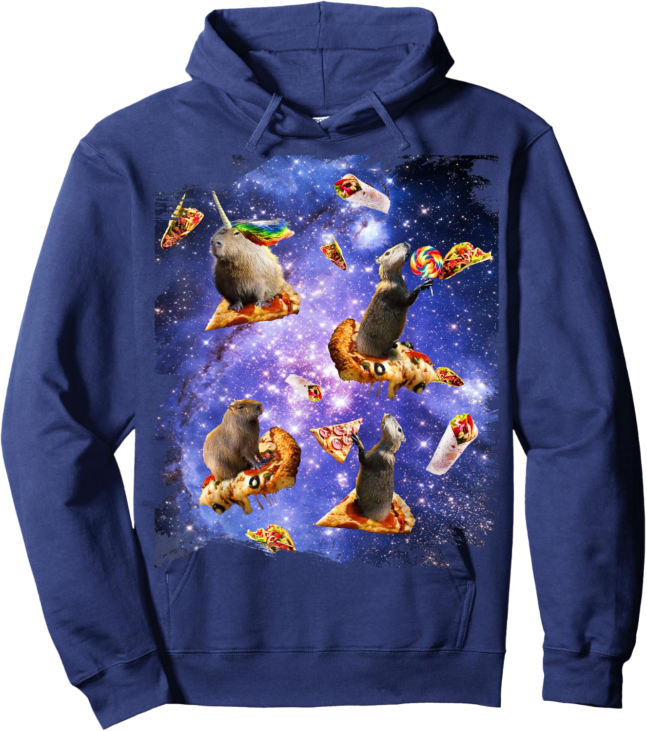 Space Capybara On Pizza Taco, Galaxy Capybaras Funny Hoodie - Hoodie | Navy