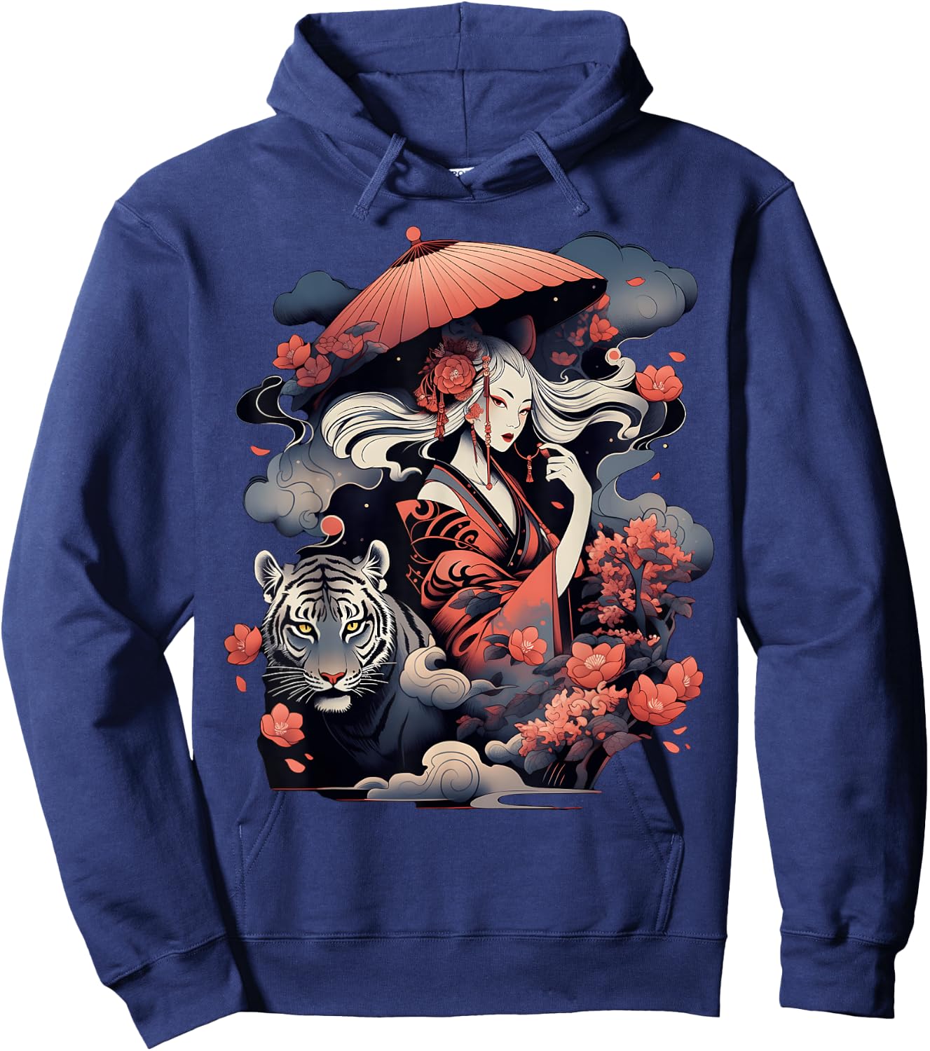 Step Up Your Style Game with This Vibrant Geisha and Tiger Hoodie - Hoodie | Navy