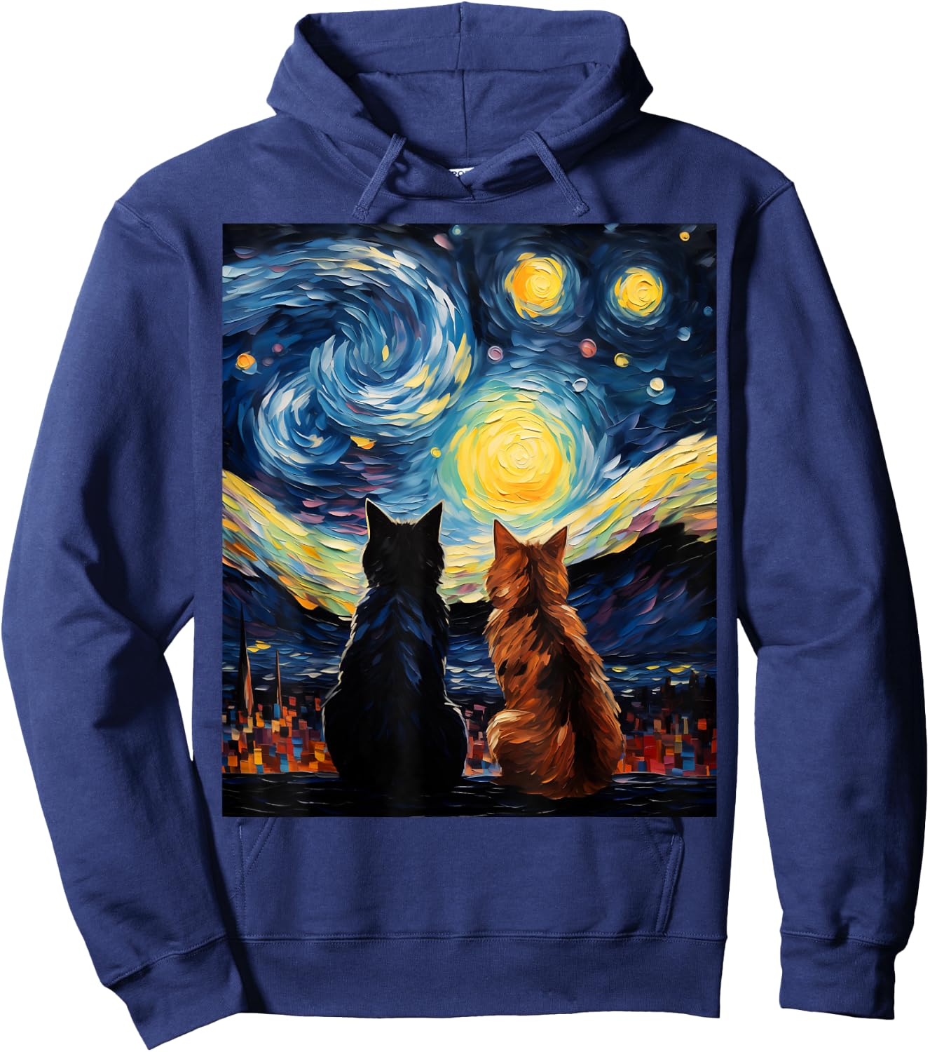 Funny Couples Cats Lover Starry Night Vincent van Gogh Cat Women Girls Kids Hoodie - Hoodie | Navy