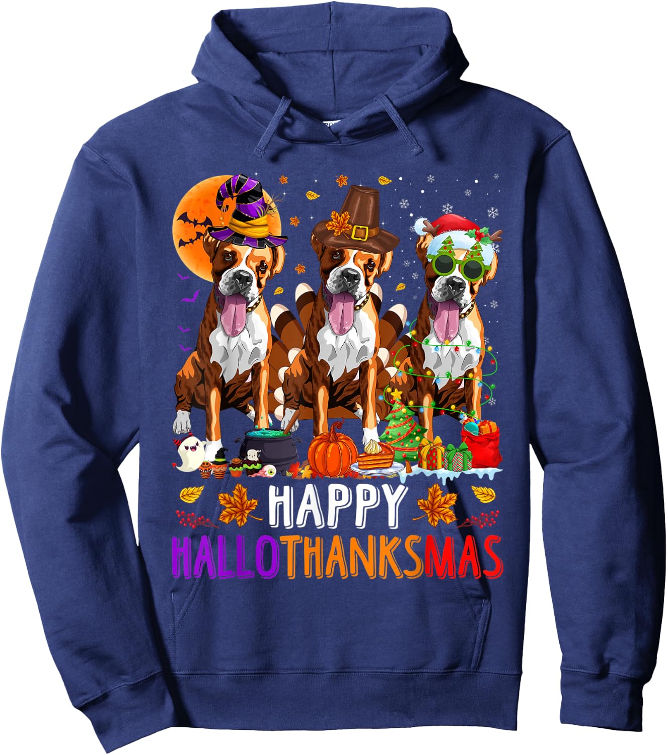 Happy Hallothanksmas Boxer Dog Halloween Christmas Hoodie - Hoodie | Navy