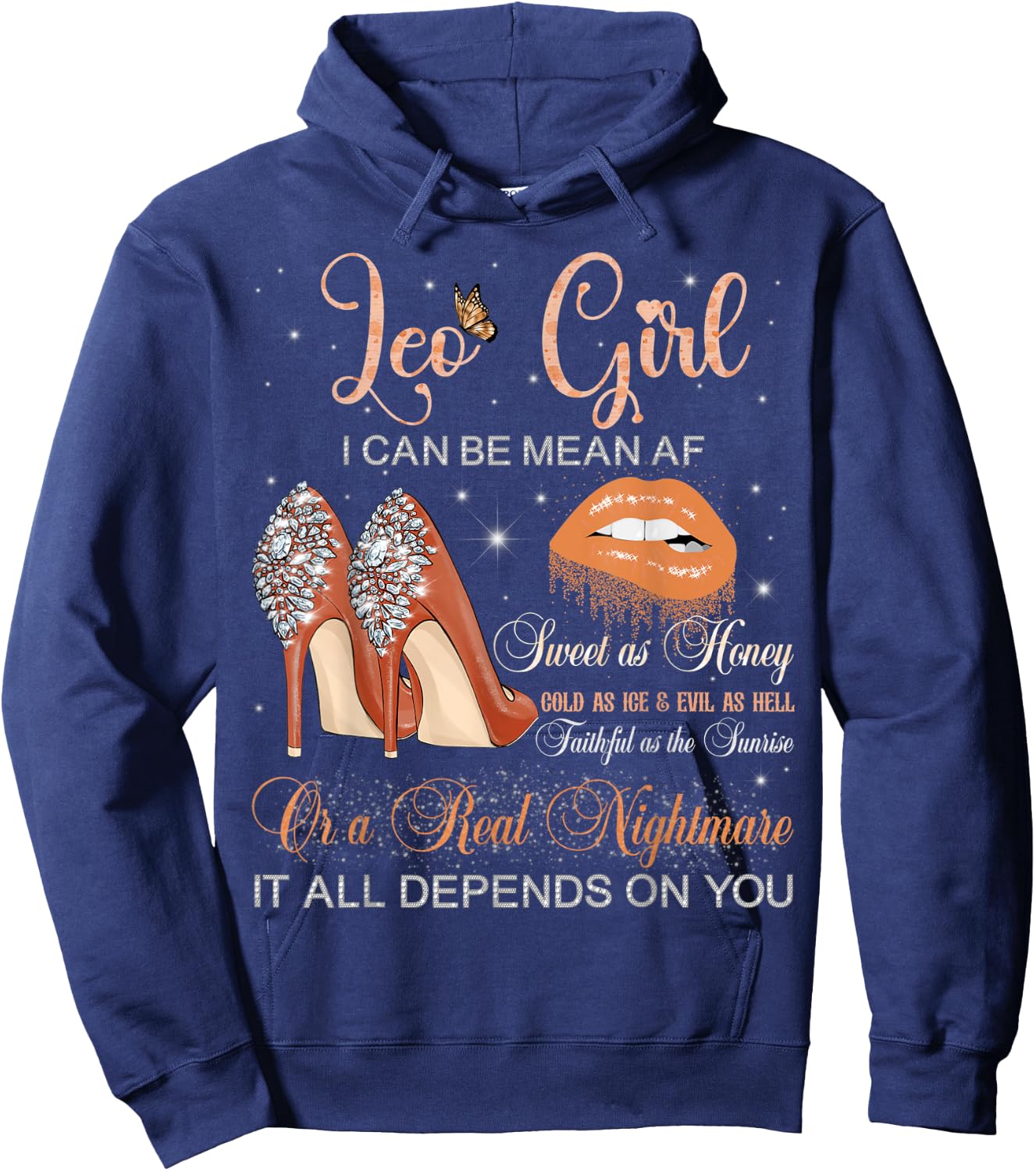Leo Girl Zodiac Birthday High Heels Dripping Lips Butterfly Hoodie - Hoodie | Navy