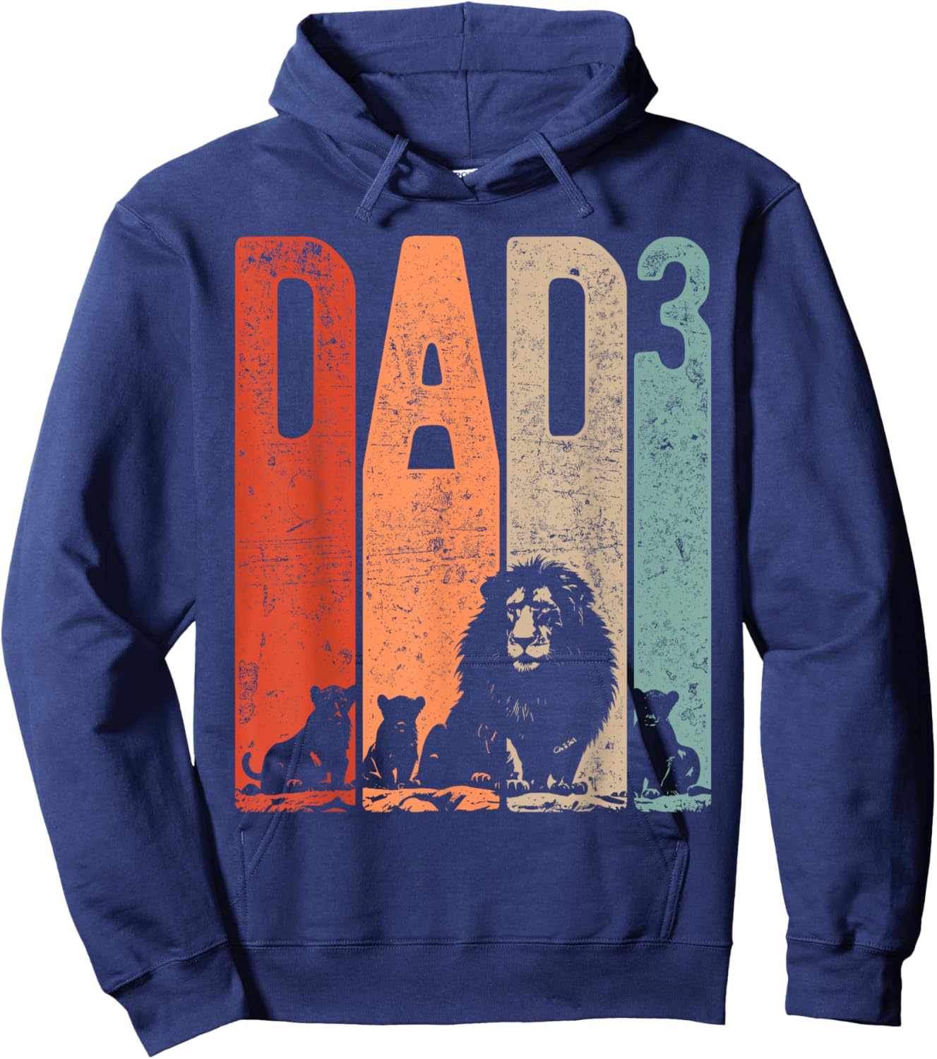 Papa Lion Cubs Father's Day Dad Squared Three Kids Retro Hoodie - Hoodie | Navy