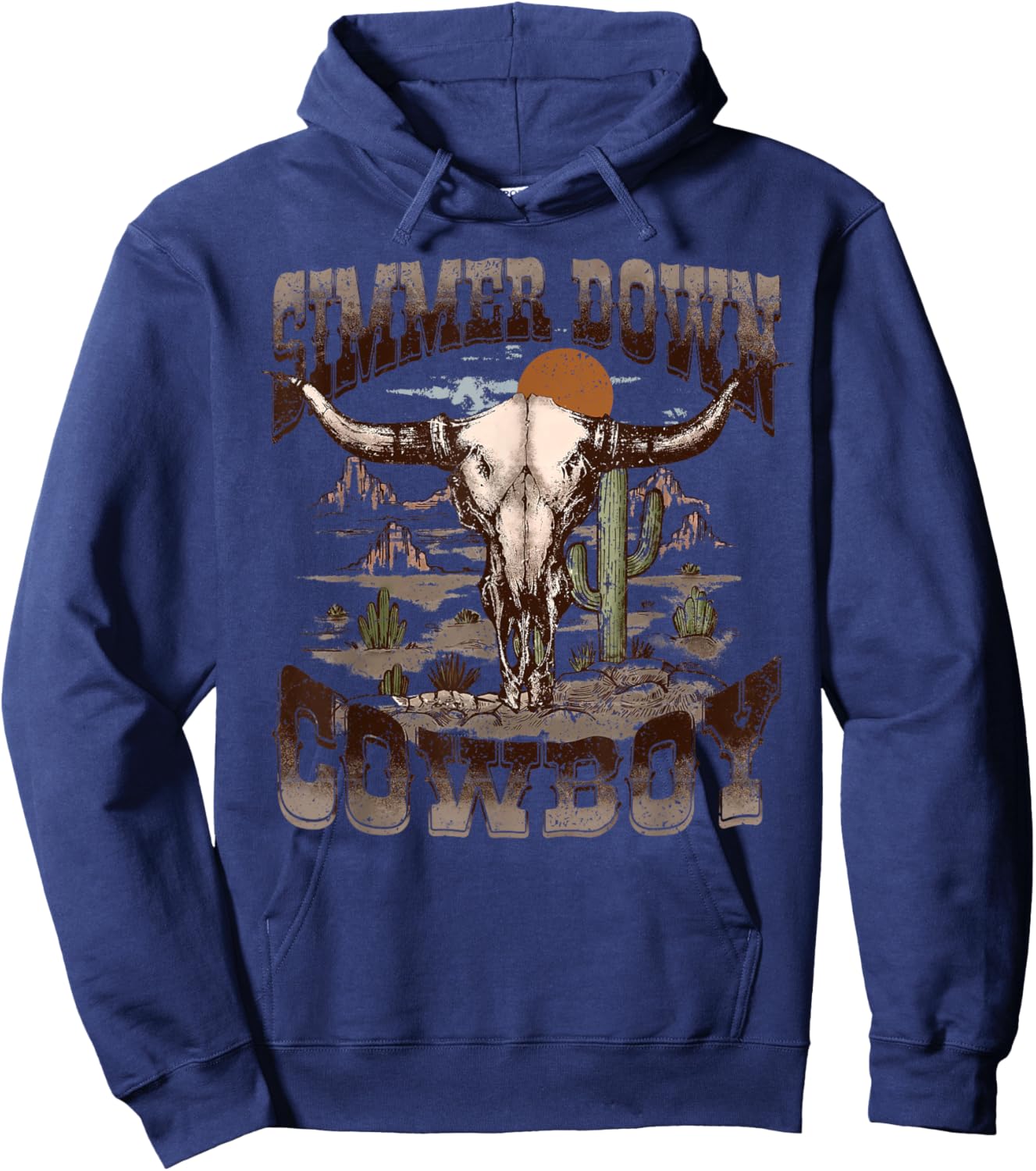 Vintage Simmer Down Cowboy Bull Skull Western Graphic Hoodie - Hoodie | Navy