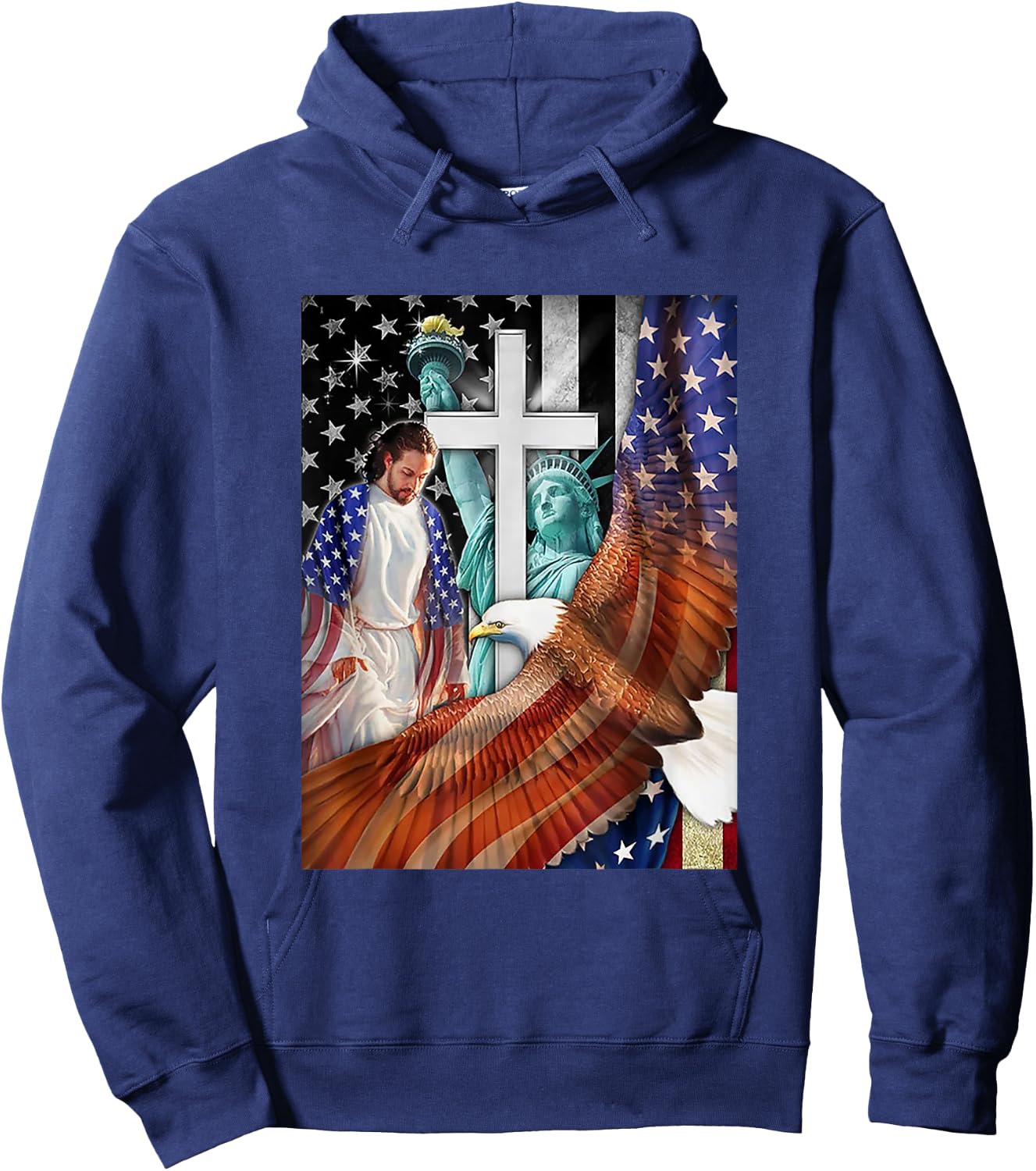 Bald Eagle with Jesus Christ and American Flag Women Kids Men Hoodie - Hoodie | Navy
