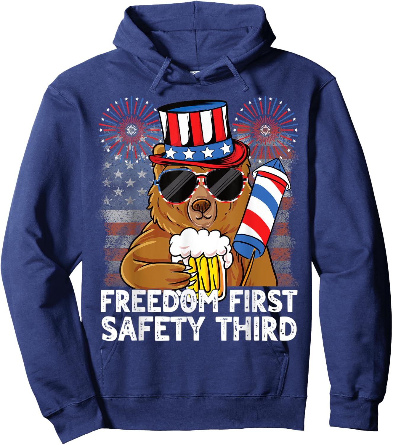 USA 4th of July Bear Beer Freedom First Safety Third Hoodie - Hoodie | Navy