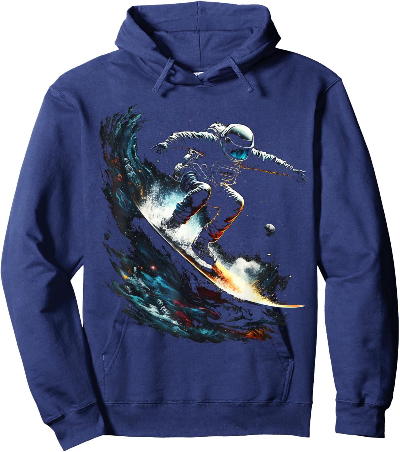 Astronaut surfs space waves, universe galaxy planets sci-fi Hoodie - Hoodie | Navy