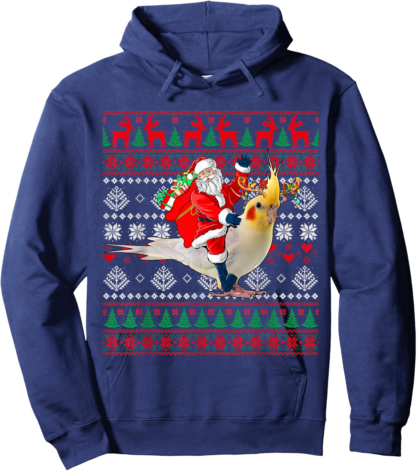 Santa Riding Reindeer Cockatiel Christmas Costume Bird Lover Hoodie - Hoodie | Navy