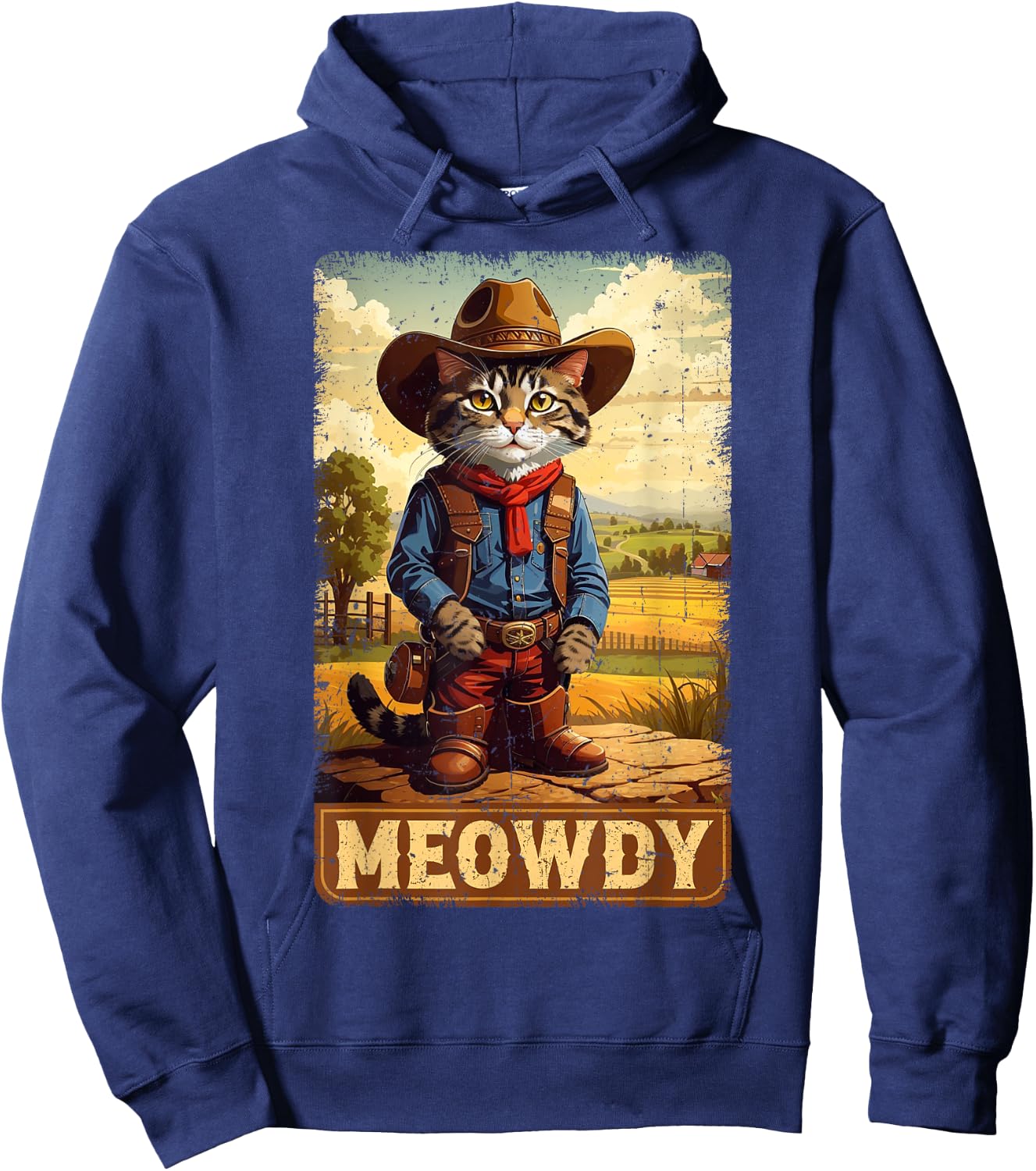 Meowdy Funny Country Side Cat Hat Vintage Cowboy Cat Hoodie - Hoodie | Navy