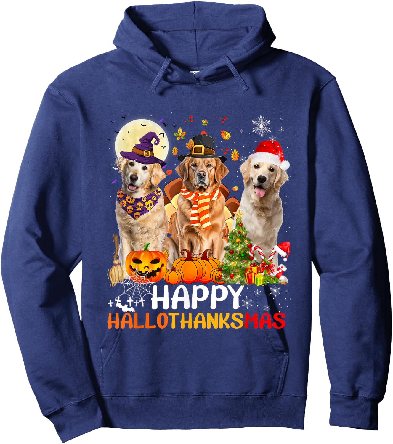 Cute Golden Retriever Happy Hallothanksmas Halloween Xmas Hoodie - Hoodie | Navy