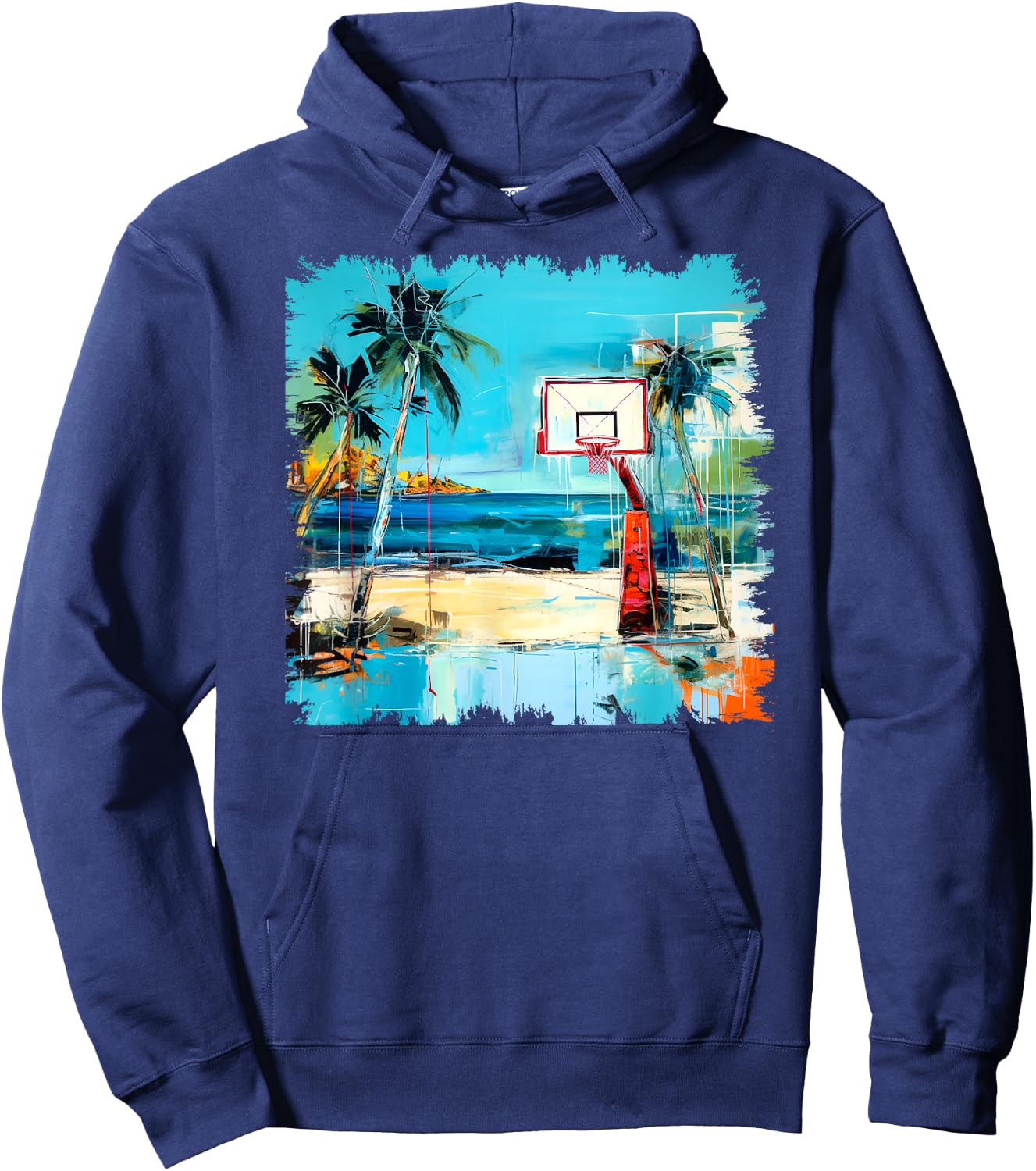 Basketball Hoop Tropical Sea Beach Stylish Street Art Design Hoodie - Hoodie | Navy