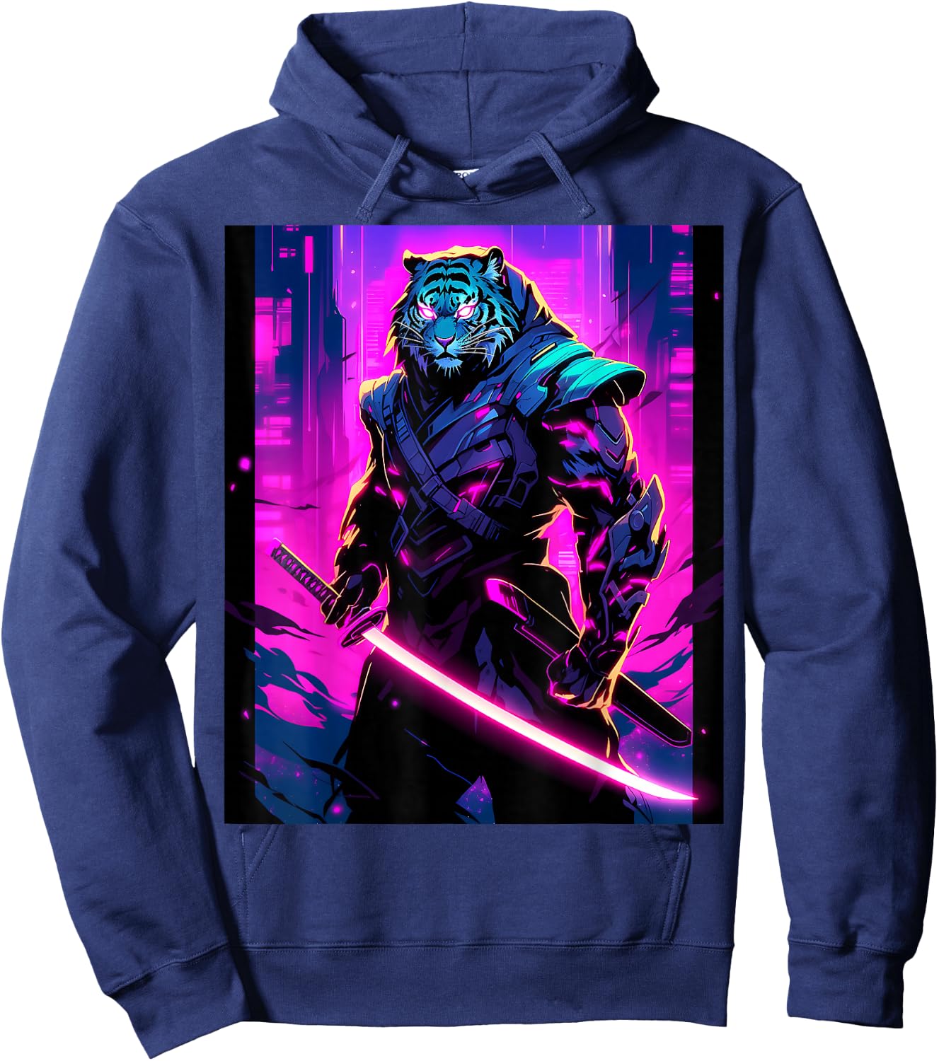 Night's Warrior: Featuring a Tiger Samurai in the Darkness Hoodie - Hoodie | Navy