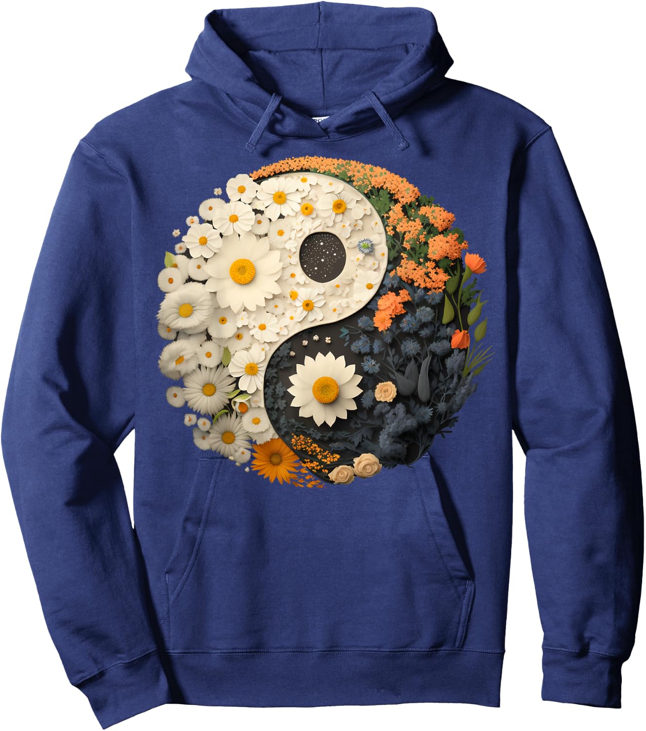 Floral Taoism Yin Yang Symbol on Flower Taijitu Yin Yang Hoodie - Hoodie | Navy