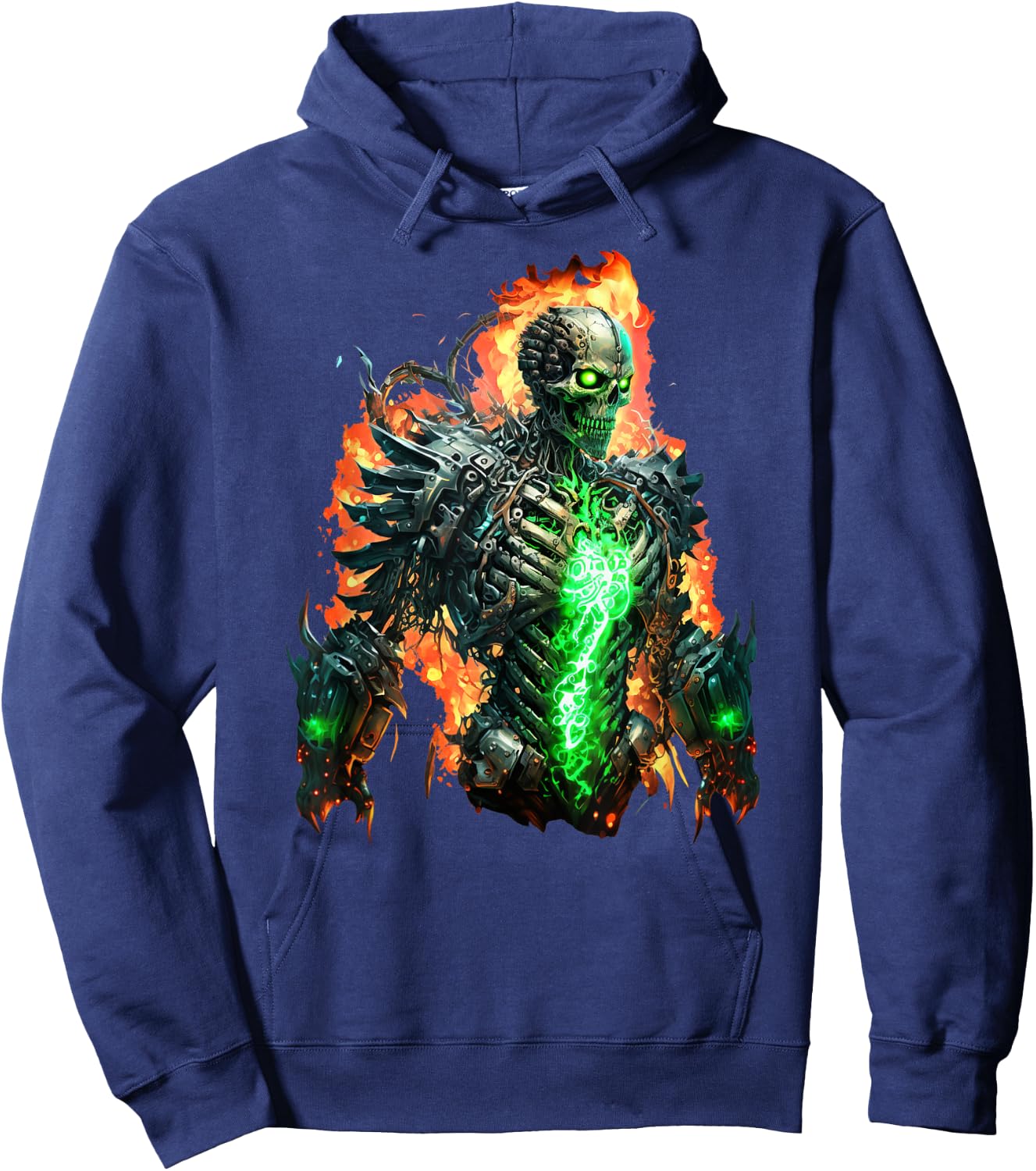 Flaming Skeleton Cyborg Graphic Hoodie - Hoodie | Navy