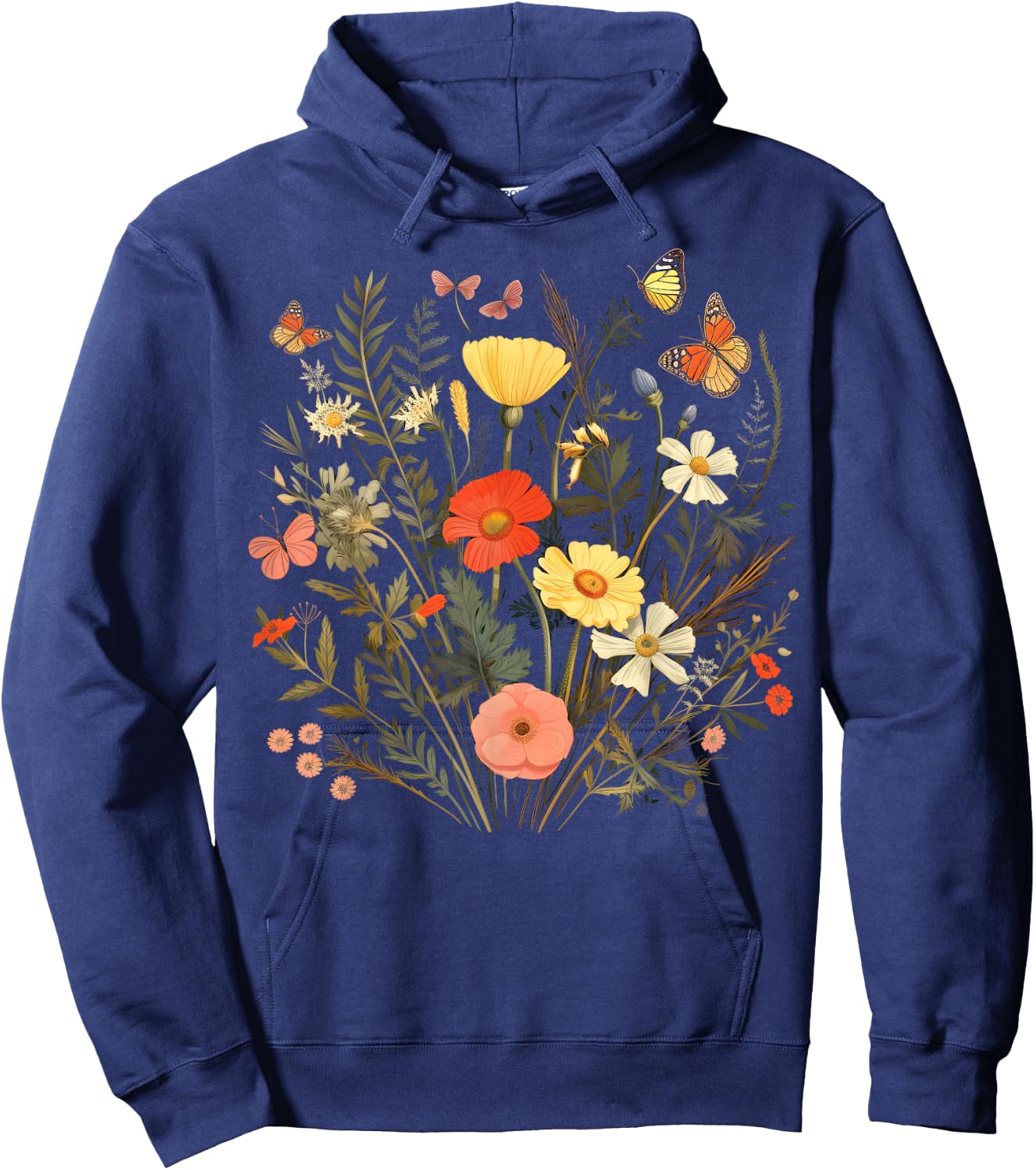 Vintage Pressed Flowers Butterflies Floral Boho Wildflowers Hoodie - Hoodie | Navy