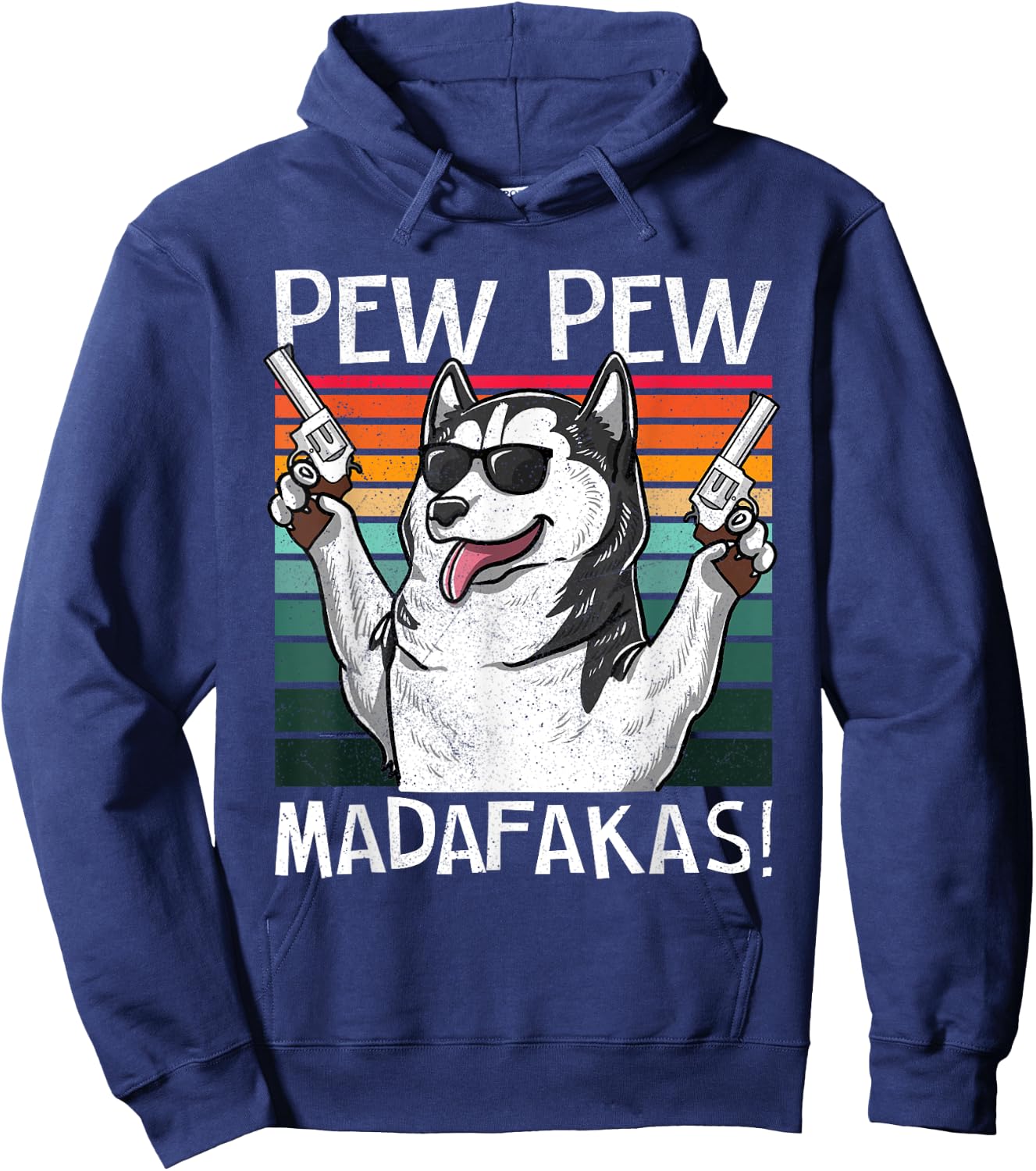 Husky Pew Pew Dog Vintage Retro Sunset Dogs Guns Nerd Gamer Men Women Hoodie - Hoodie | Navy
