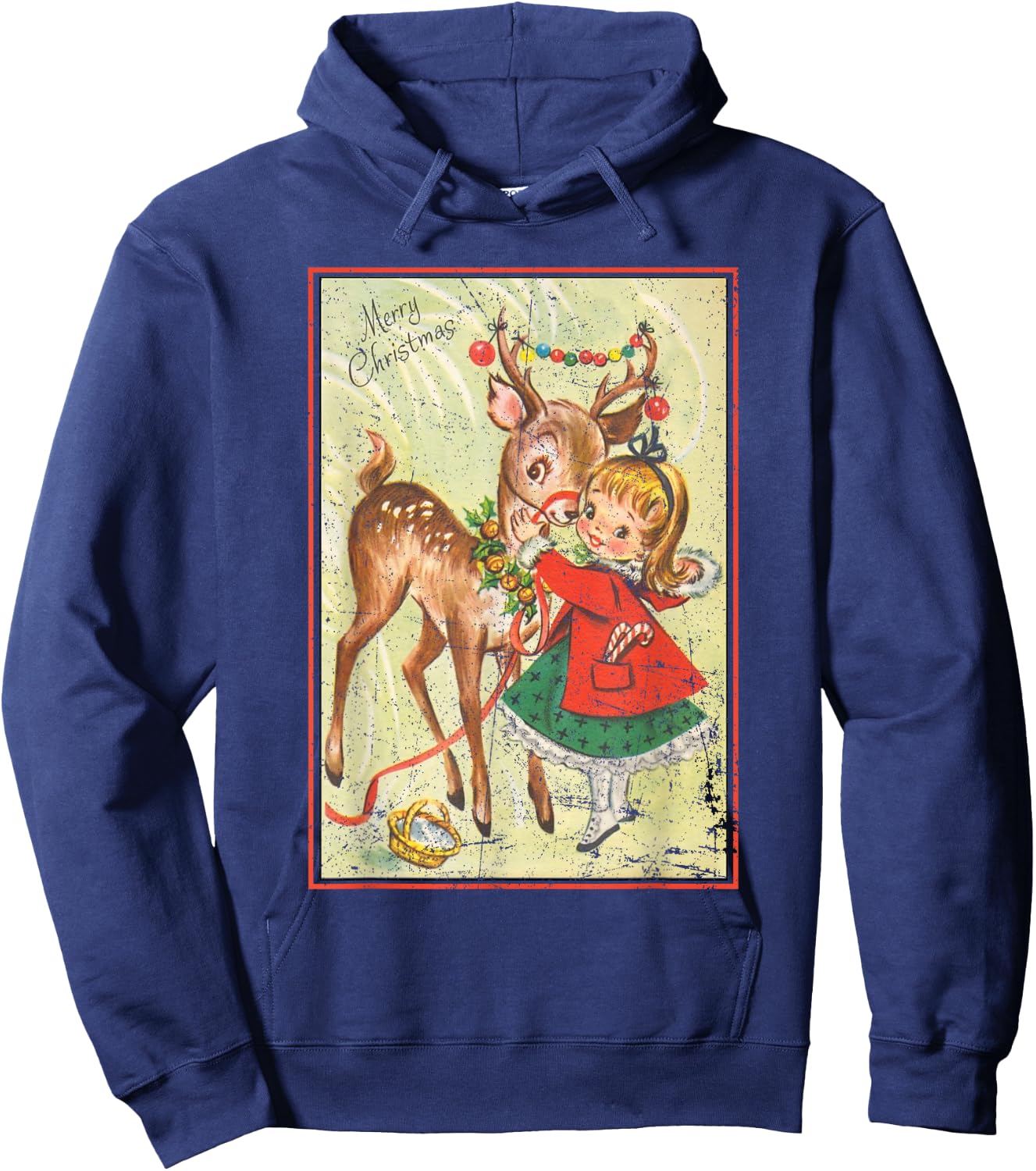 Vintage Pin Up Little Girl Reindeer Retro 1950s Christmas Hoodie - Hoodie | Navy