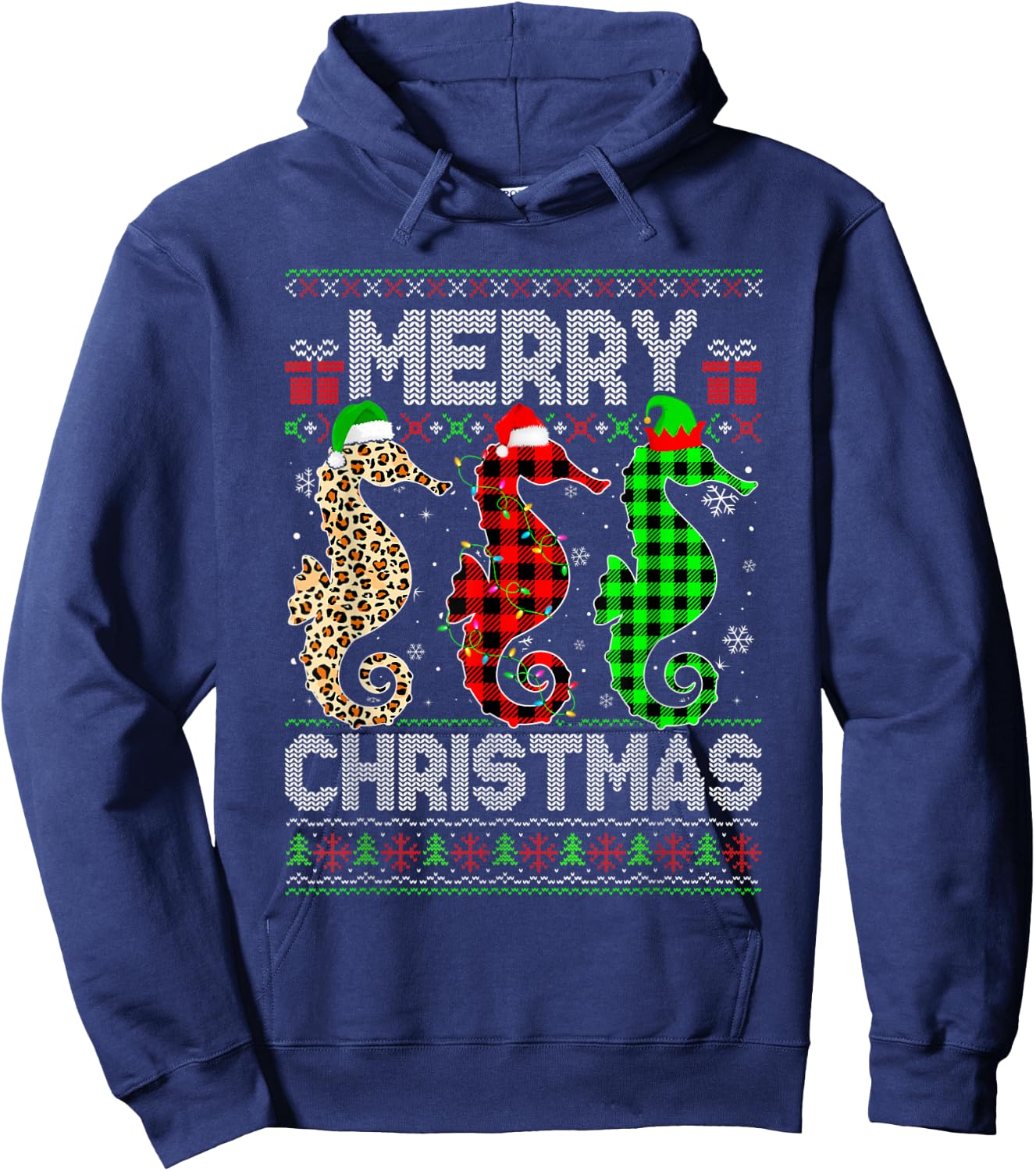 Merry Christmas Seahorse Xmas Leopard Plaid Santa Elf Hoodie - Hoodie | Navy