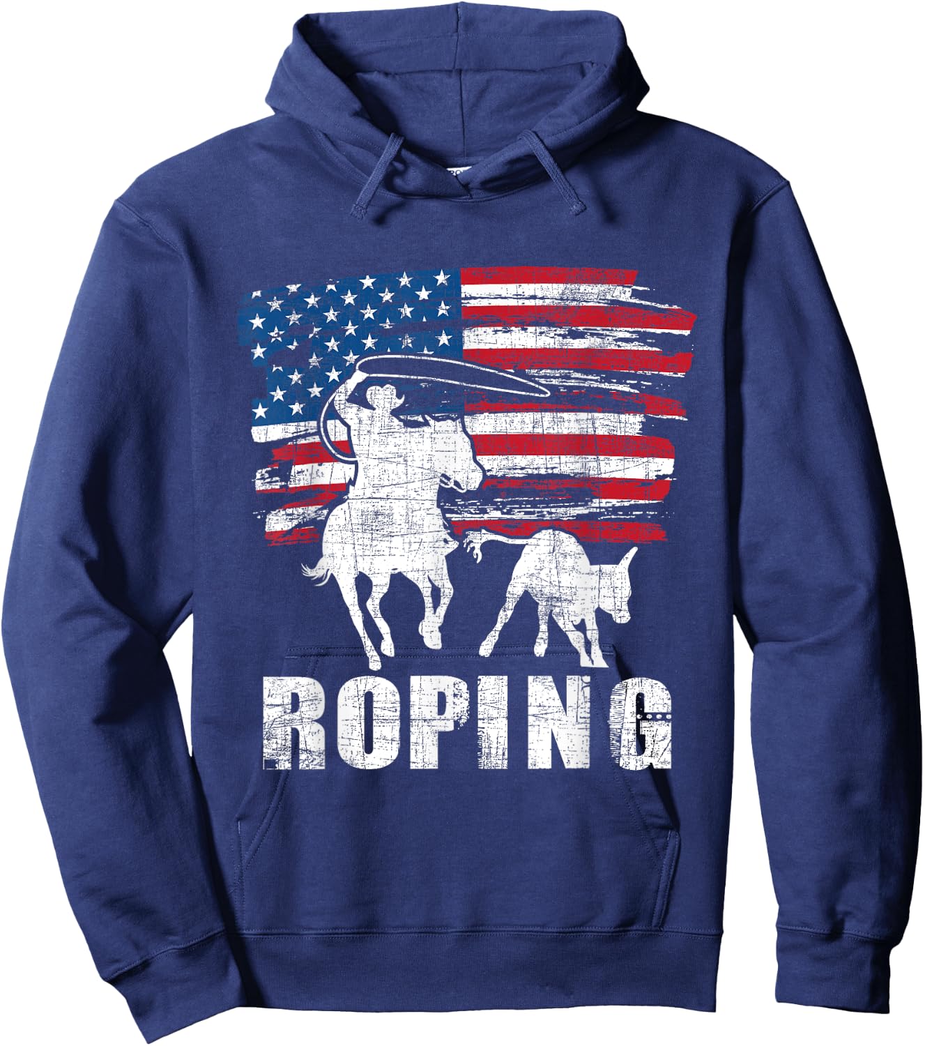Team Roping - Roper USA American Flag Header Heeler Horse Hoodie - Hoodie | Navy
