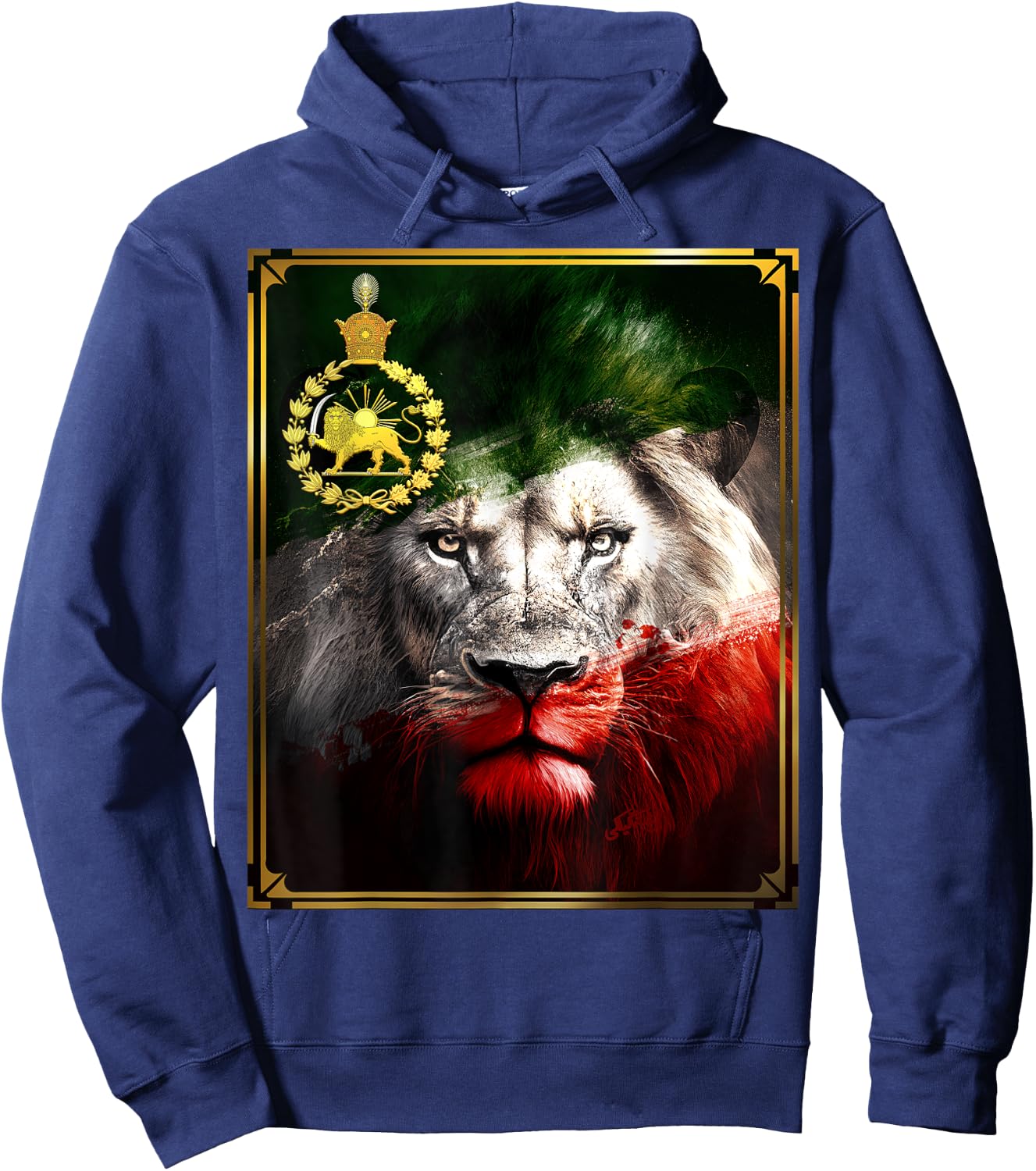 Iran flag on lion head with a golden lion Pahlavi Hoodie - Hoodie | Navy