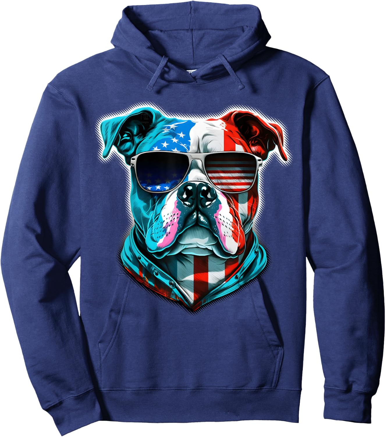 Bulldog Dog Red White Blue American Flag Sunglasses Kids Men Hoodie - Hoodie | Navy