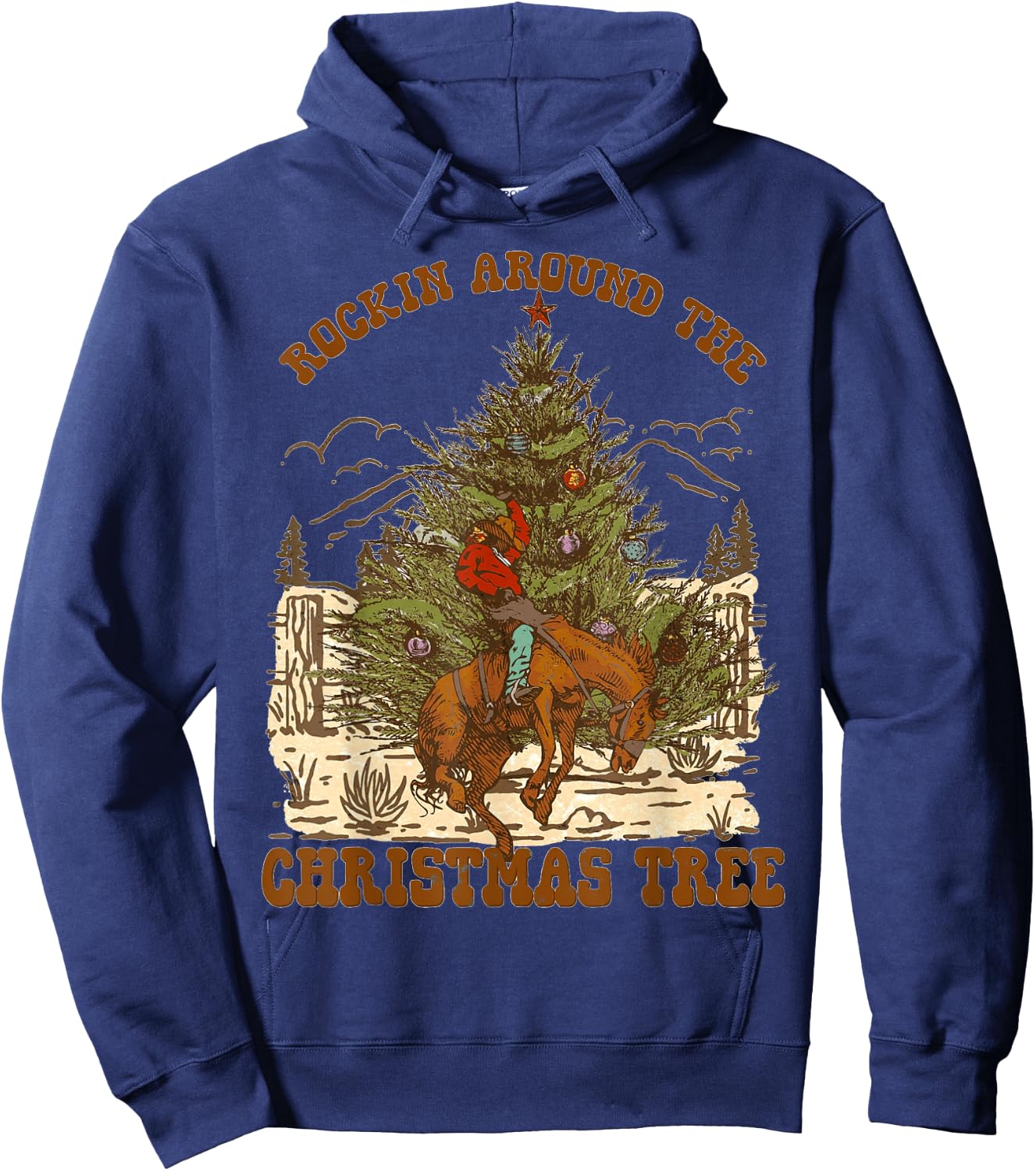 Rockin' Around Christmas Cowboy Tree Santa Ride Horse Pajama Hoodie - Hoodie | Navy